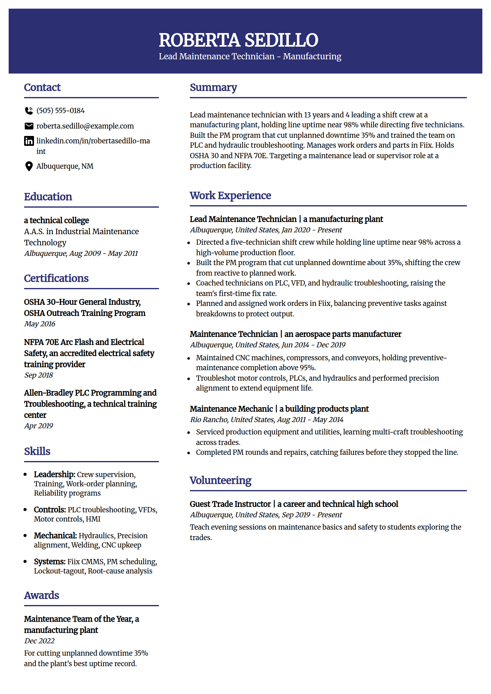 Lead maintenance technician resume example in the Visionary template