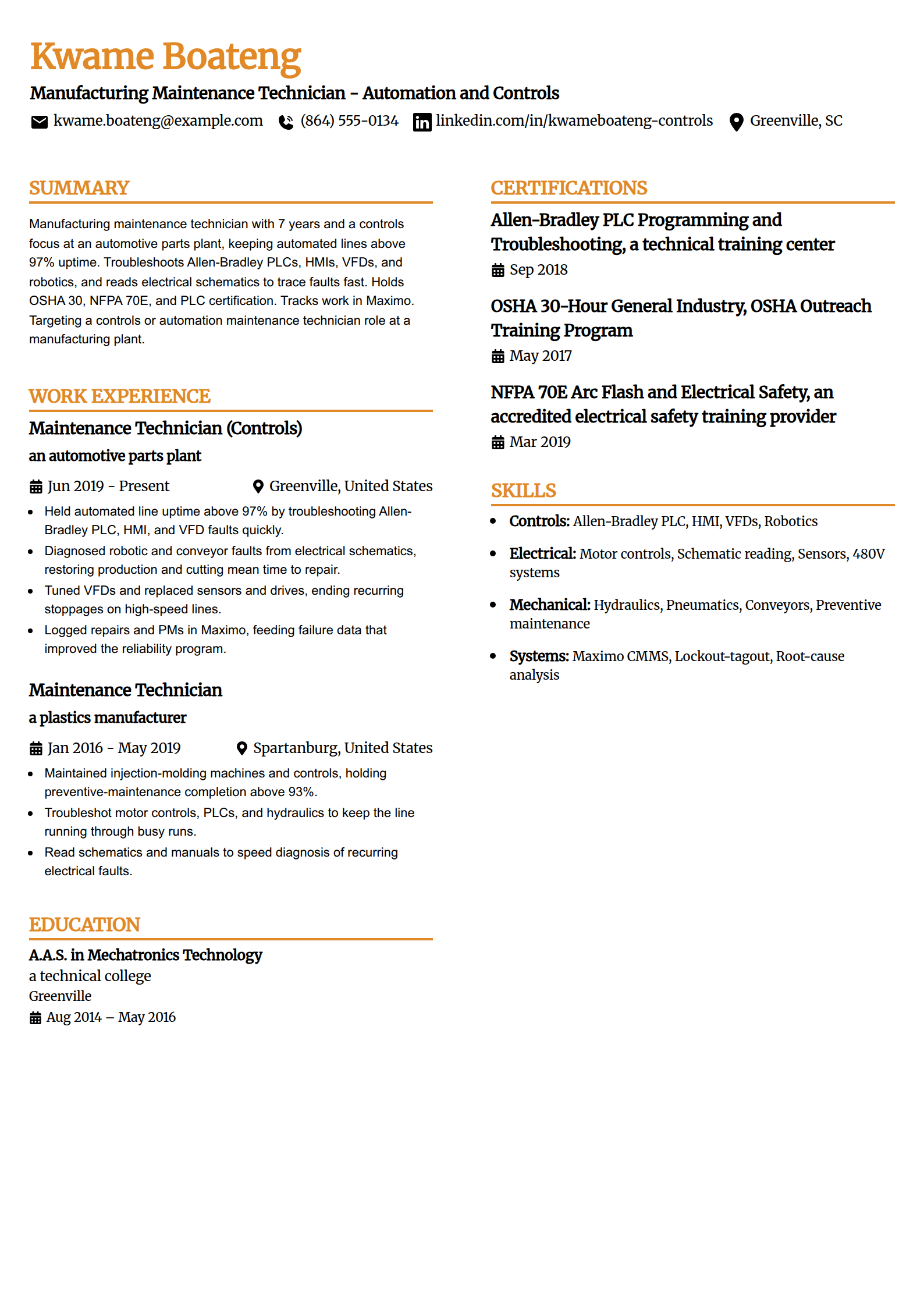 Manufacturing controls maintenance technician resume example in the Professional Edge template