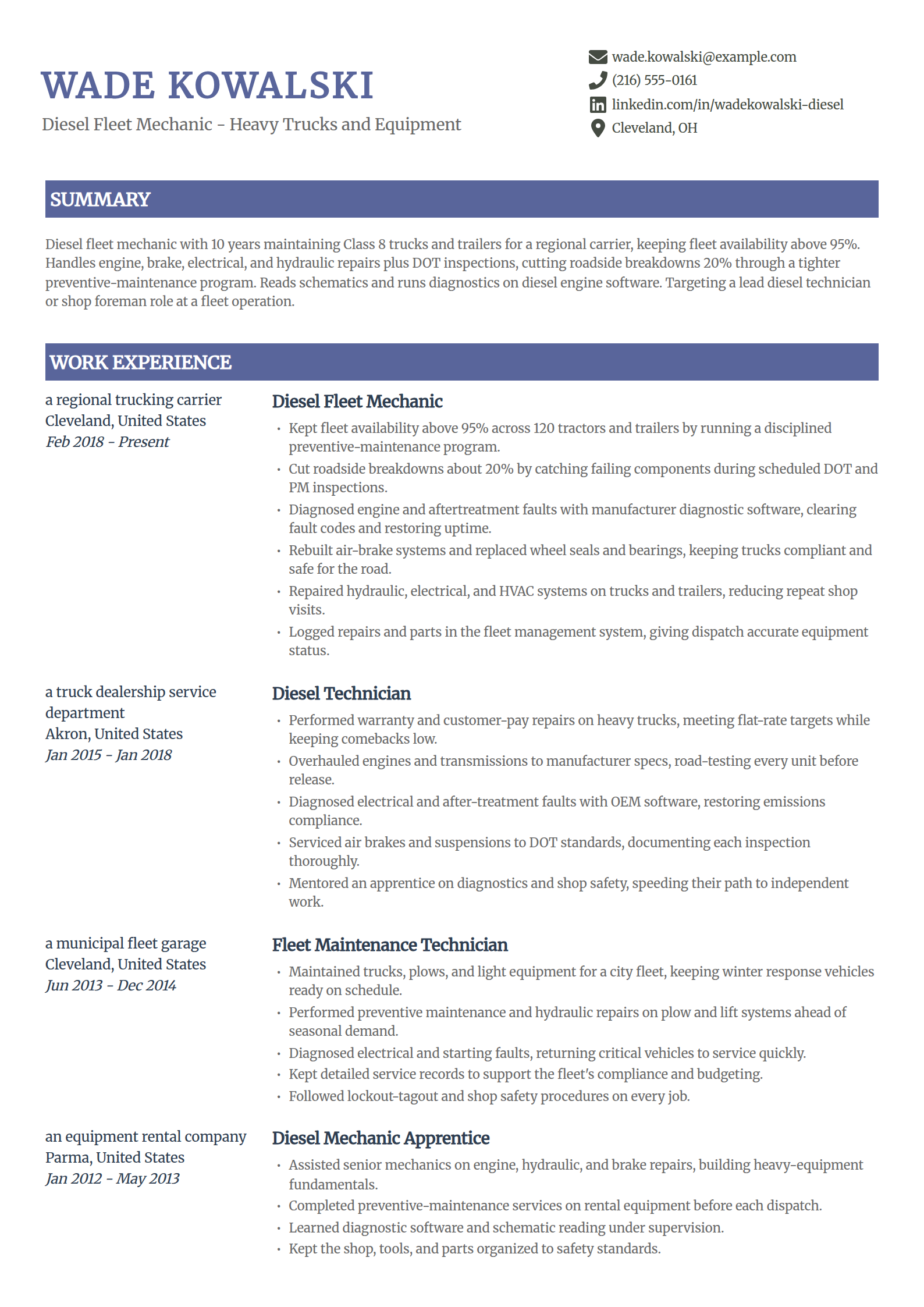 Diesel fleet mechanic resume example in the Catalyst template