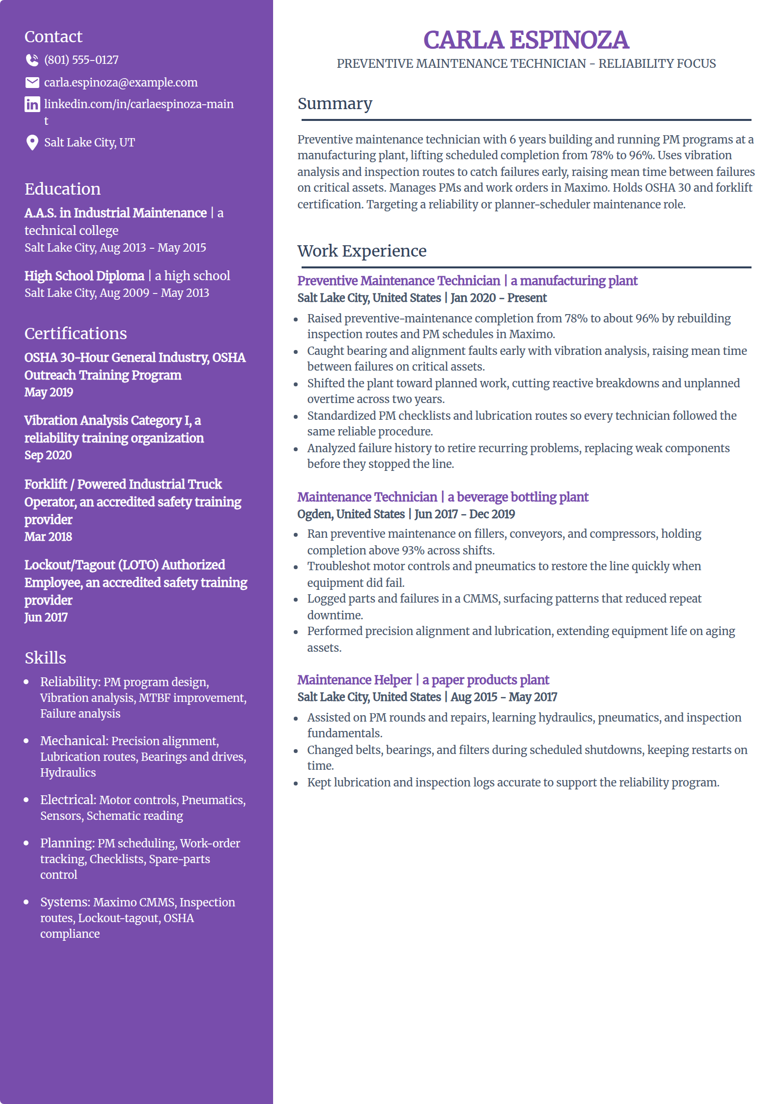Preventive maintenance technician resume example in the Pioneer template