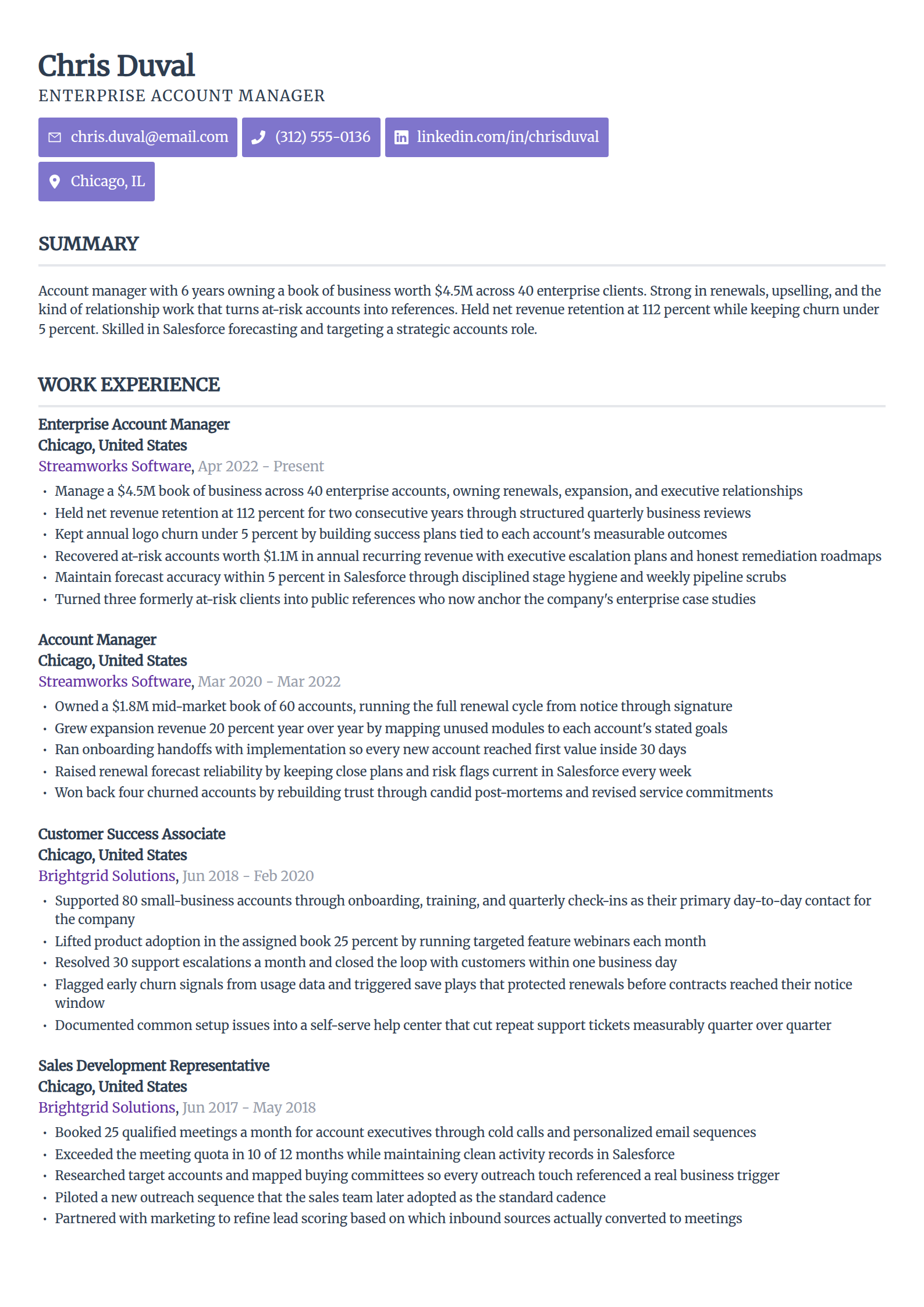 Account manager resume example in the Sleek Framework template