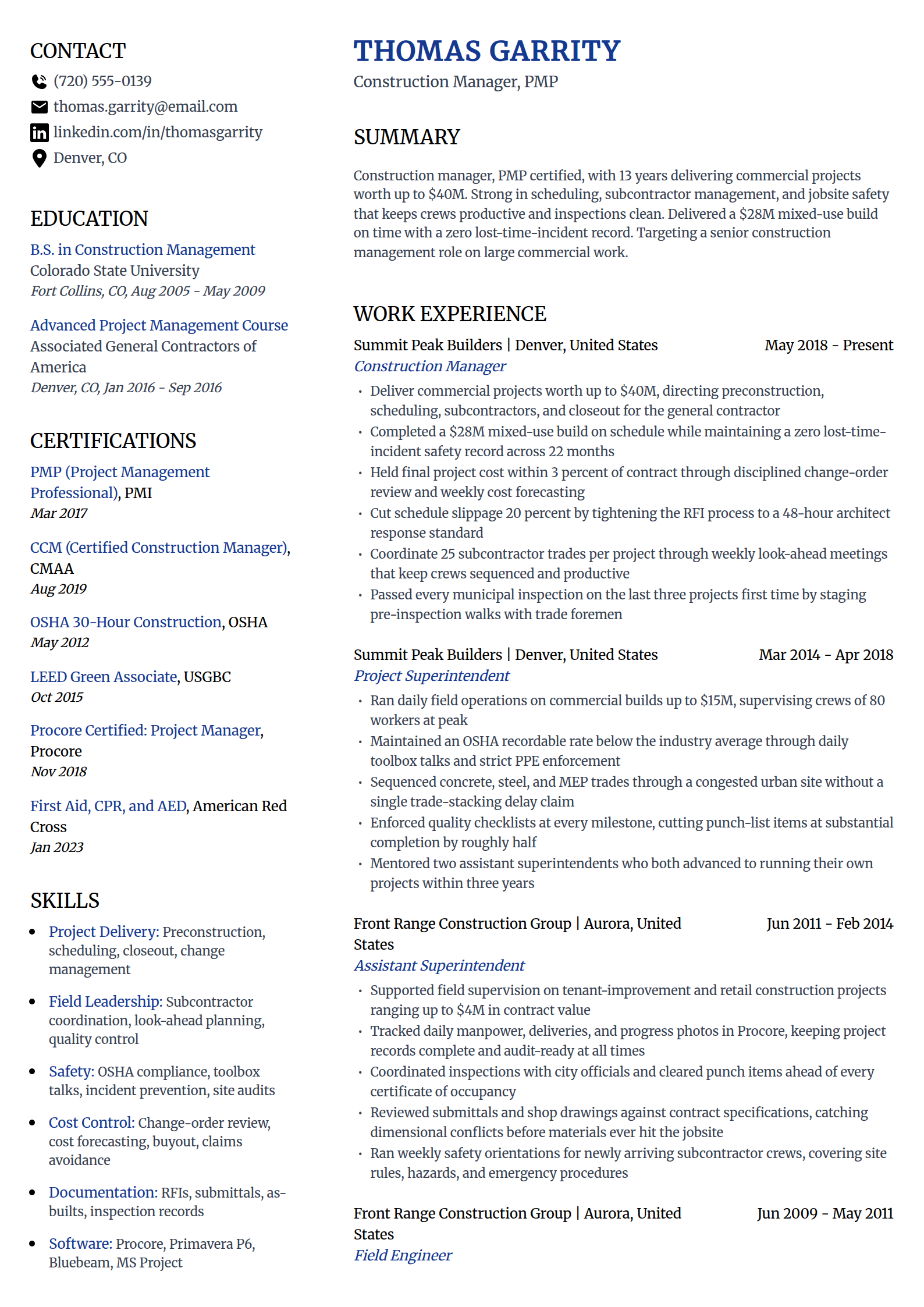 Construction manager resume example in the Voyage template