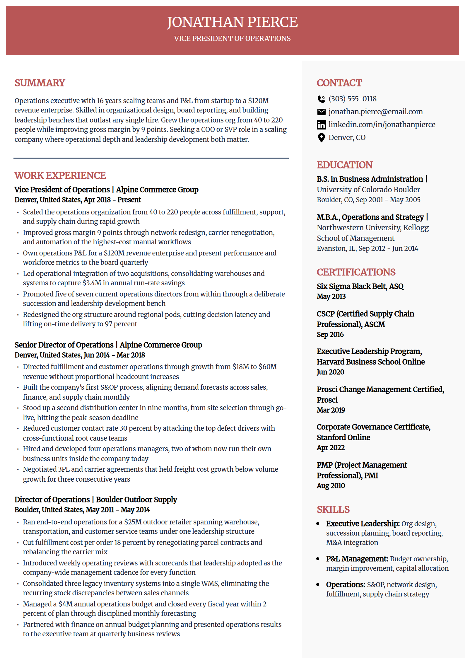 Executive senior manager resume example in the Executive template