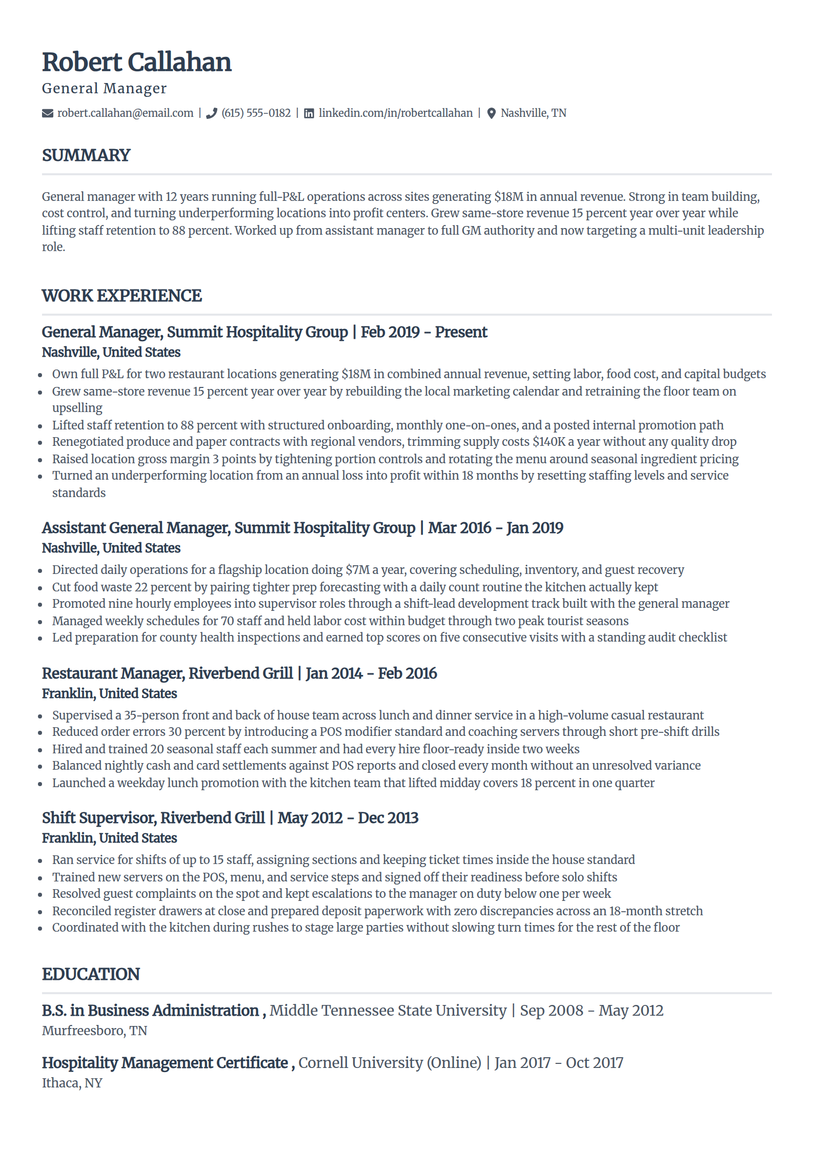 General manager resume example in the Classic template