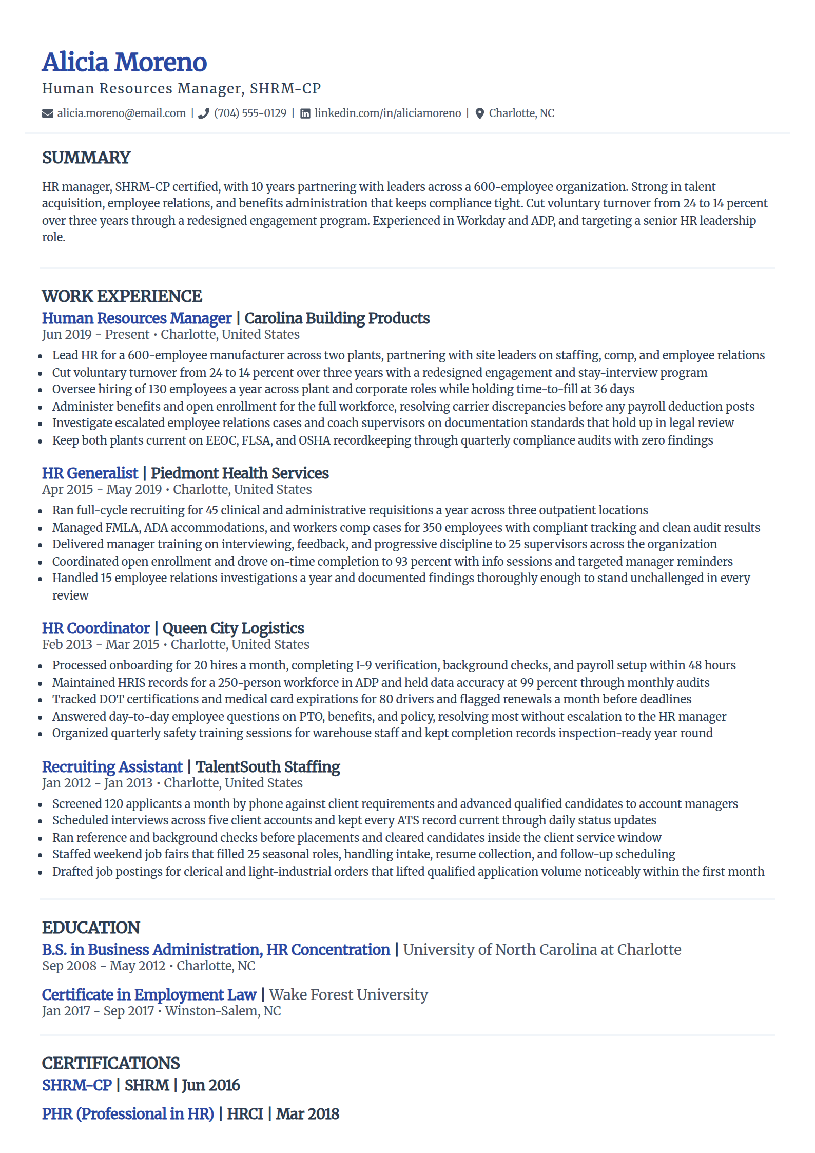 HR manager resume example in the Elegant template