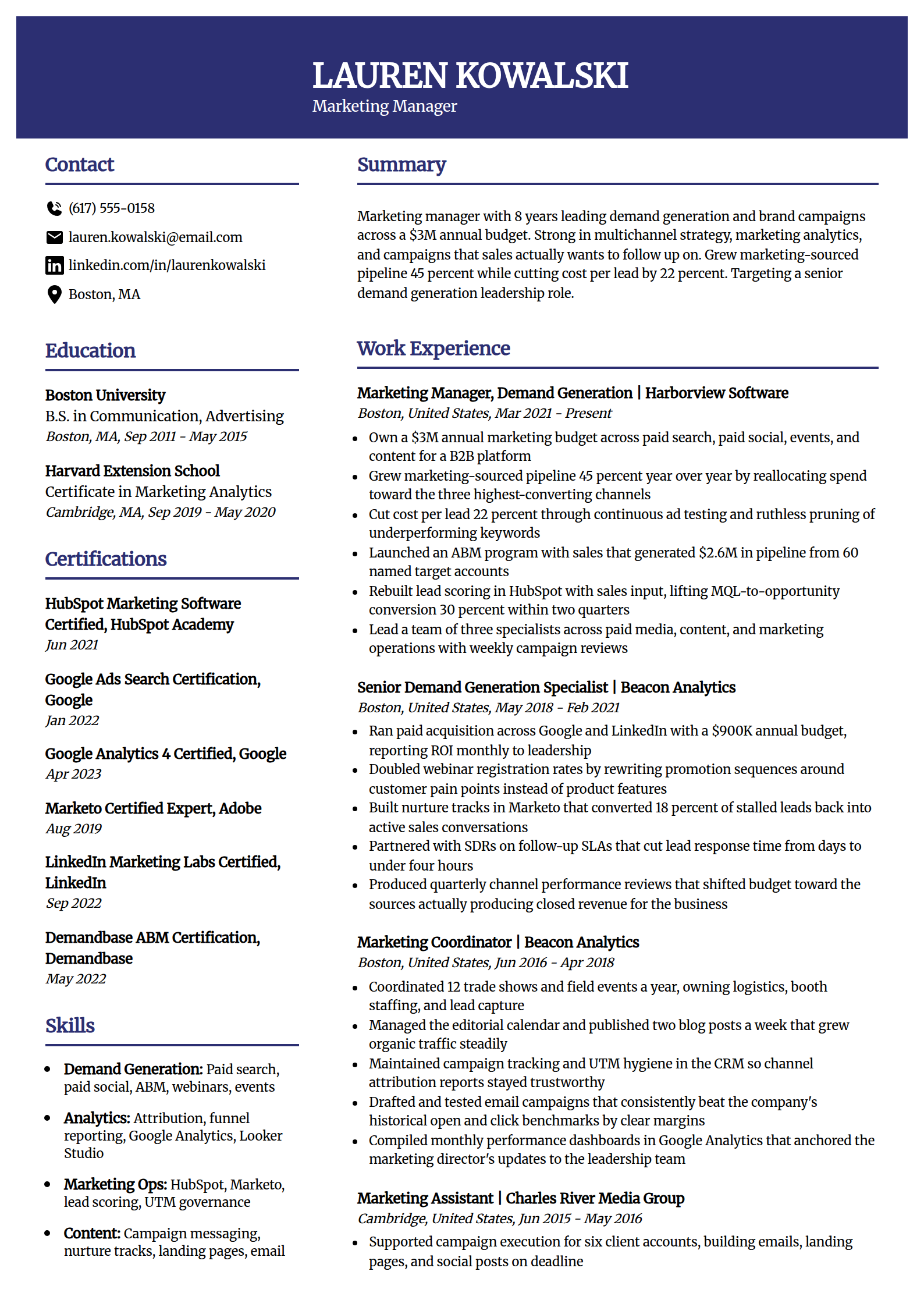 Marketing manager resume example in the Visionary template
