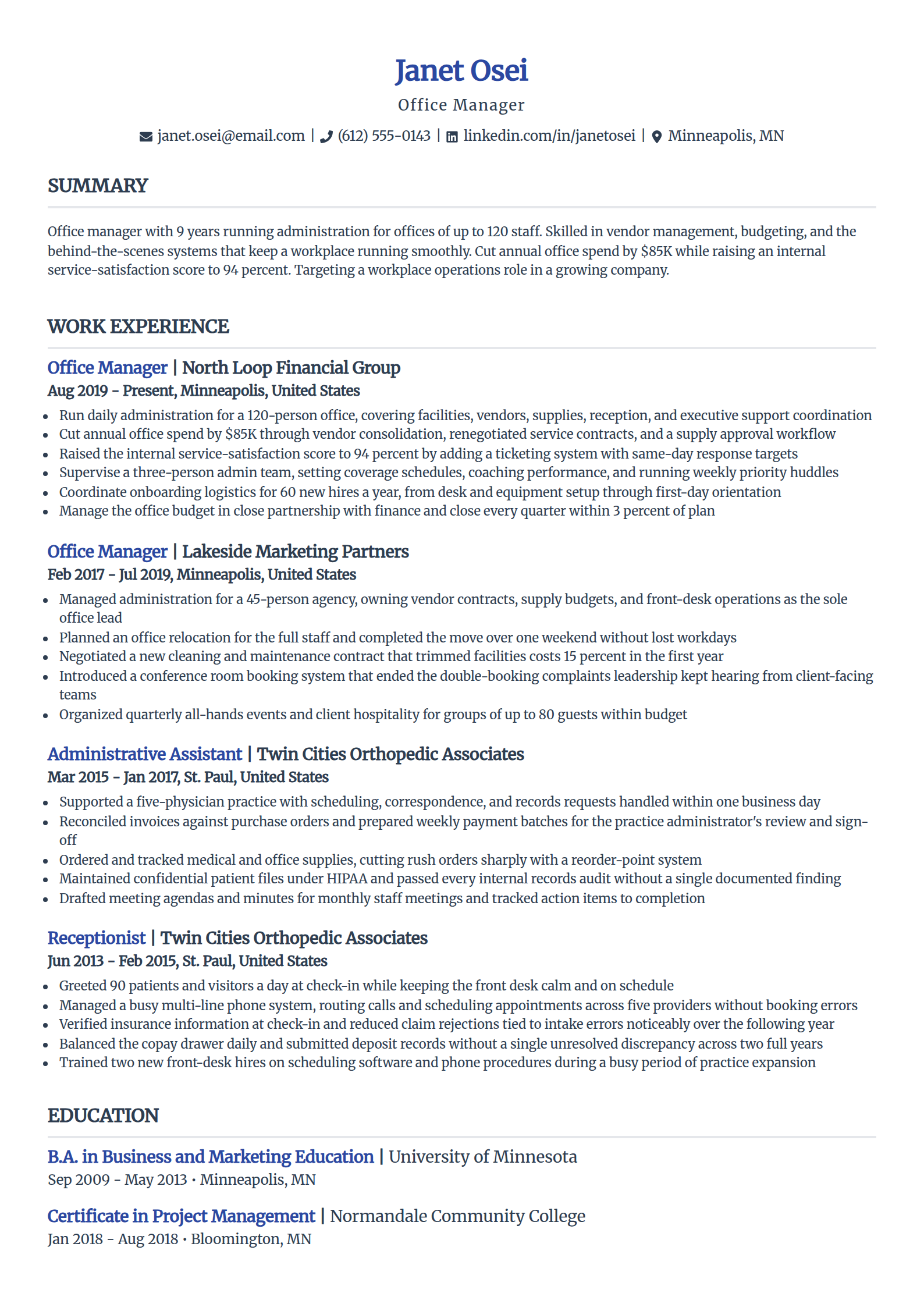 Office manager resume example in the Simple template