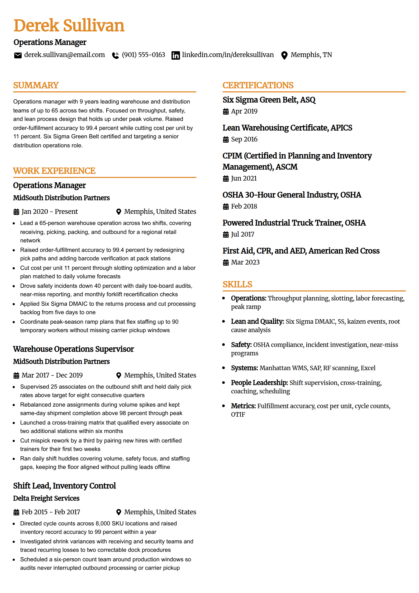Operations manager resume example in the Professional Edge template