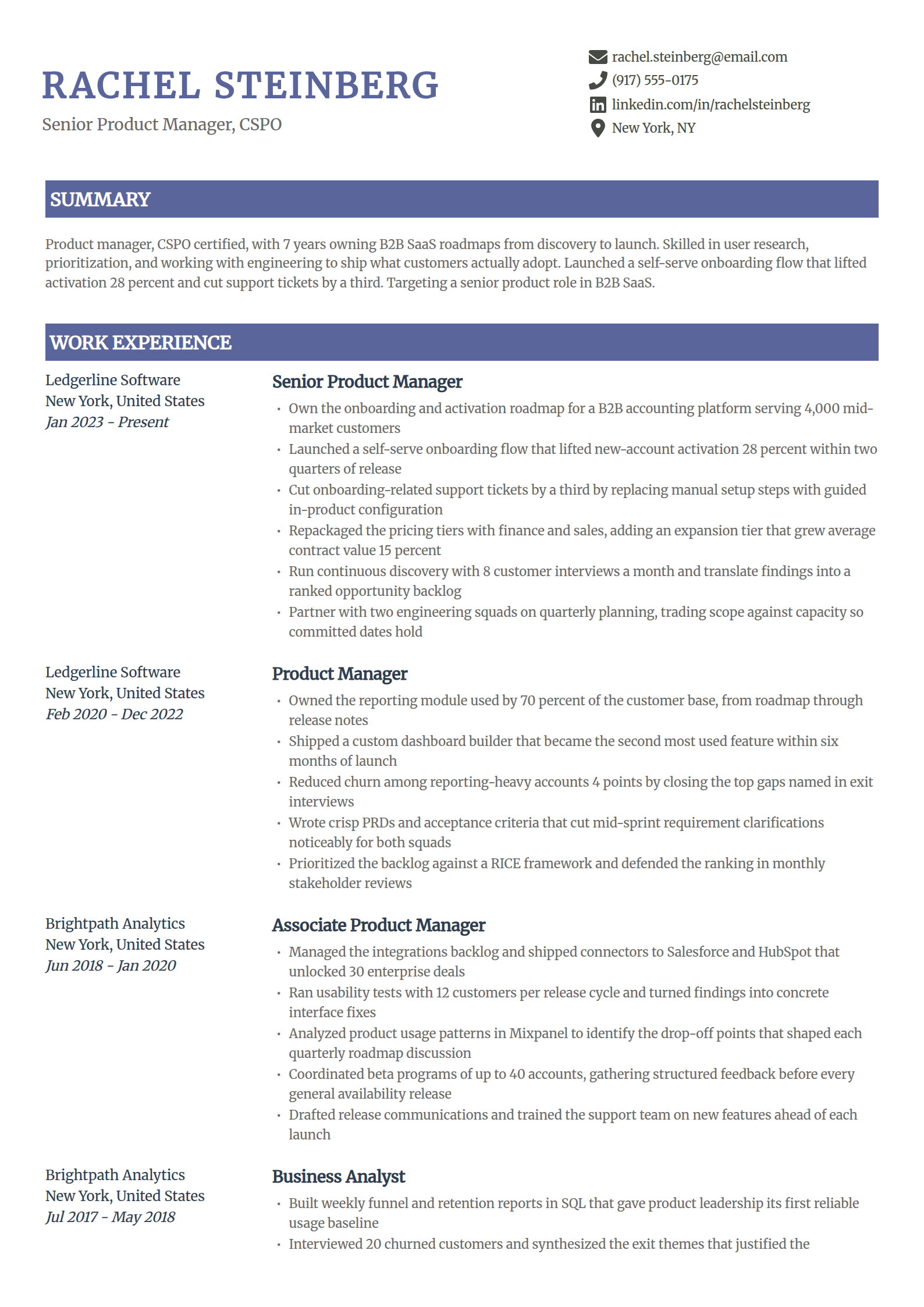 Product manager resume example in the Catalyst template