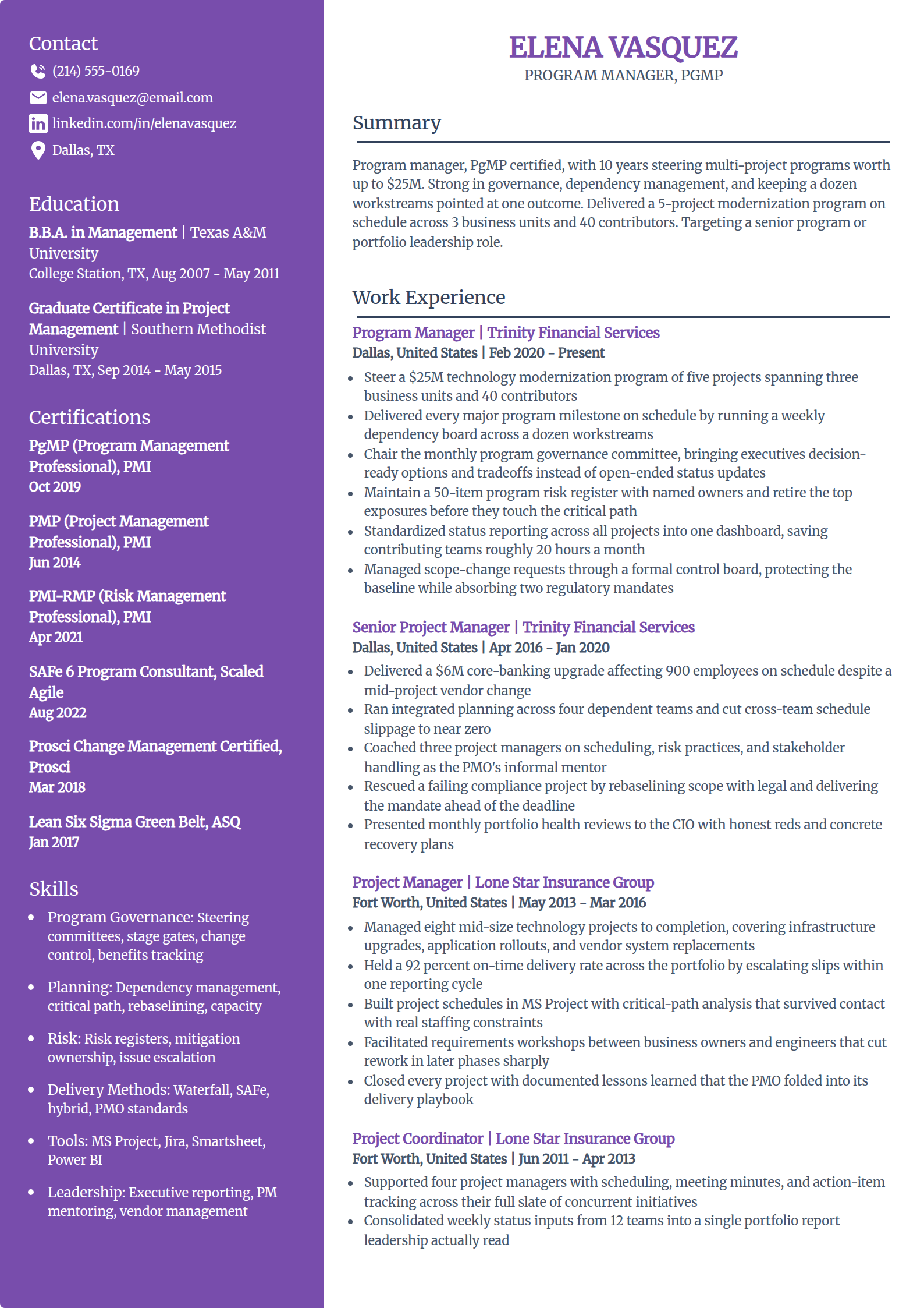 Program manager resume example in the Pioneer template