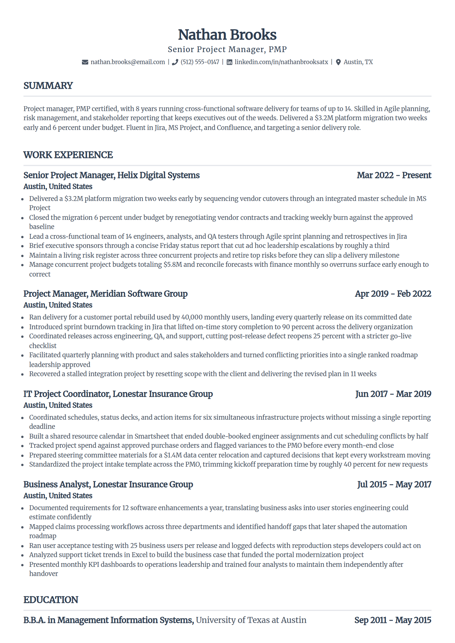 Project manager resume example in the Standard template