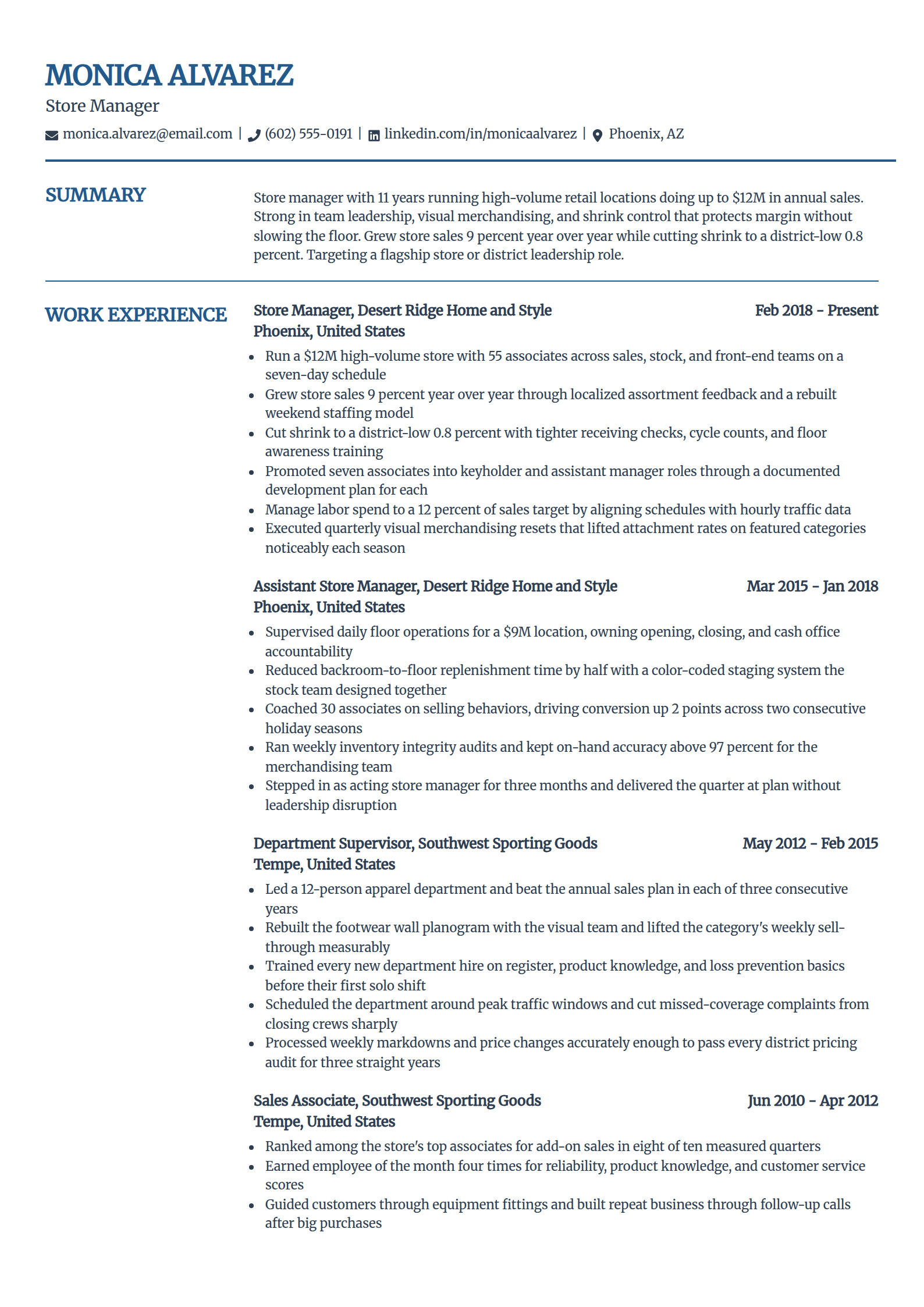 Store retail manager resume example in the Craft template