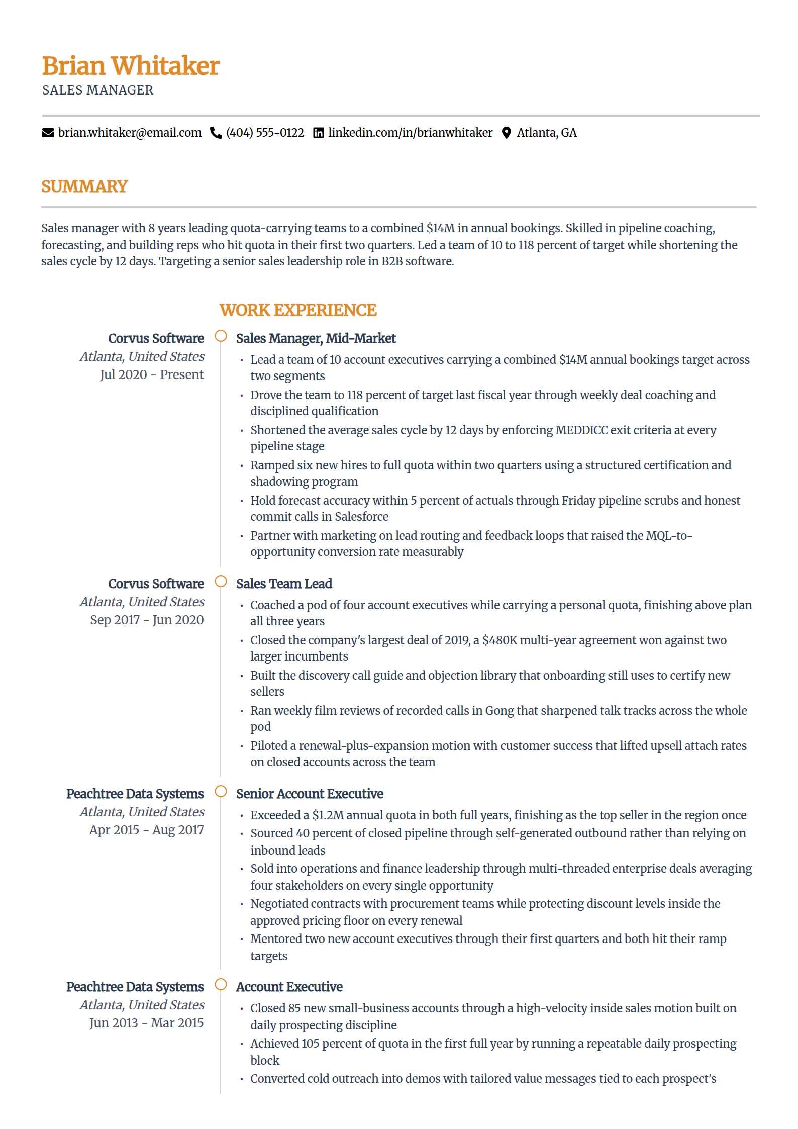 Sales manager resume example in the Zenith template