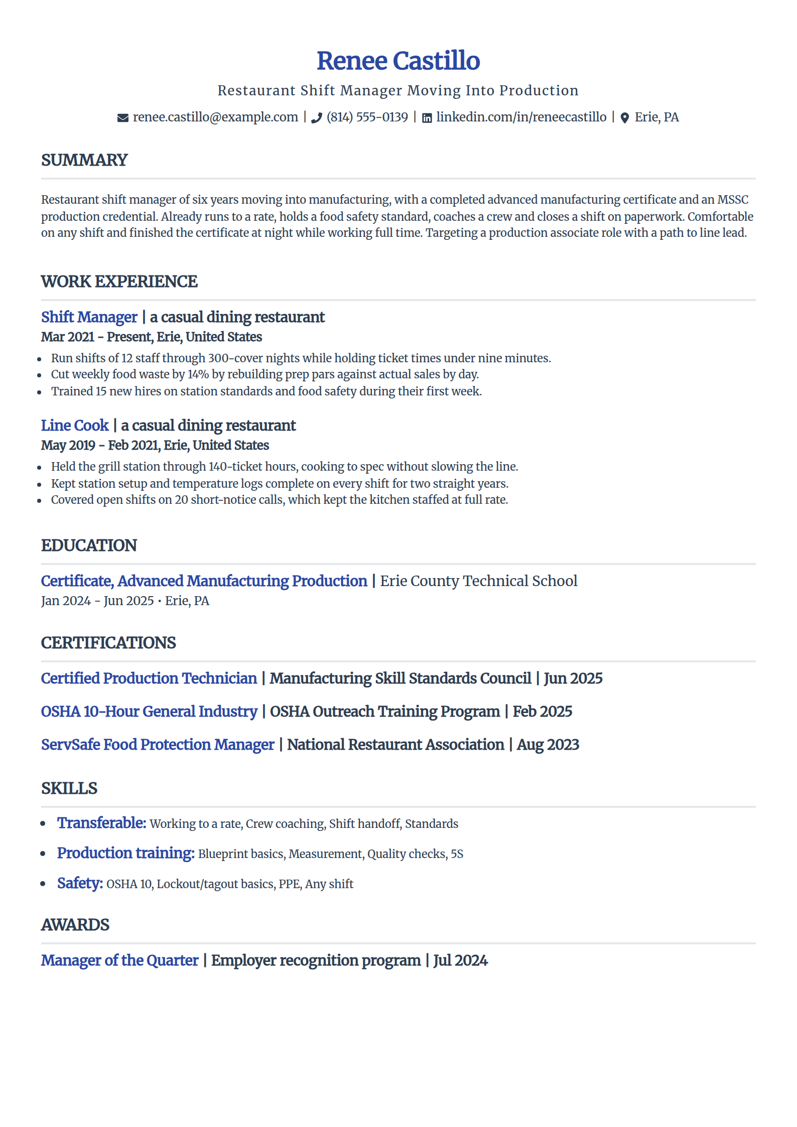 Career change into manufacturing resume example in the Simple template