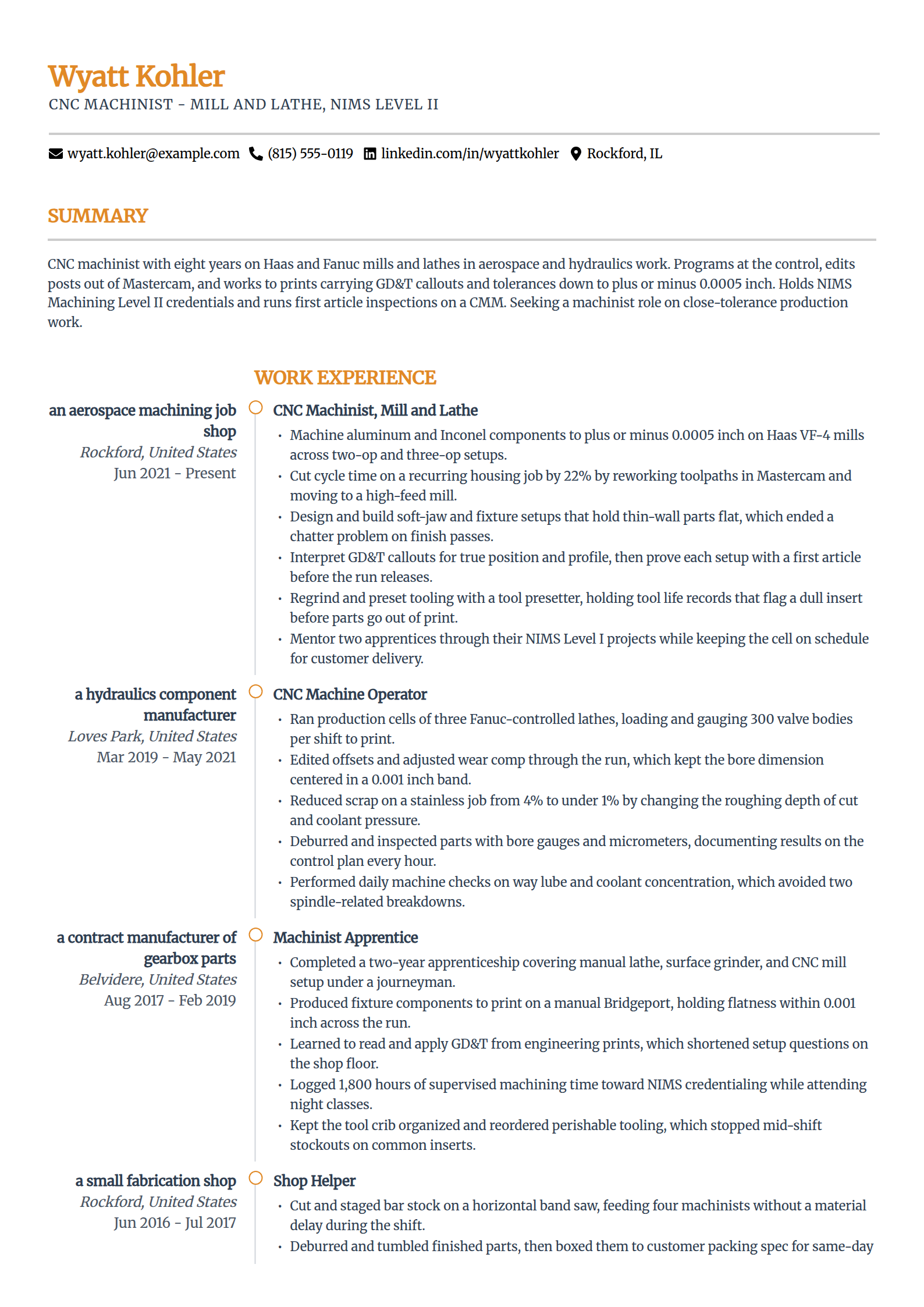 CNC machinist resume example in the Zenith template