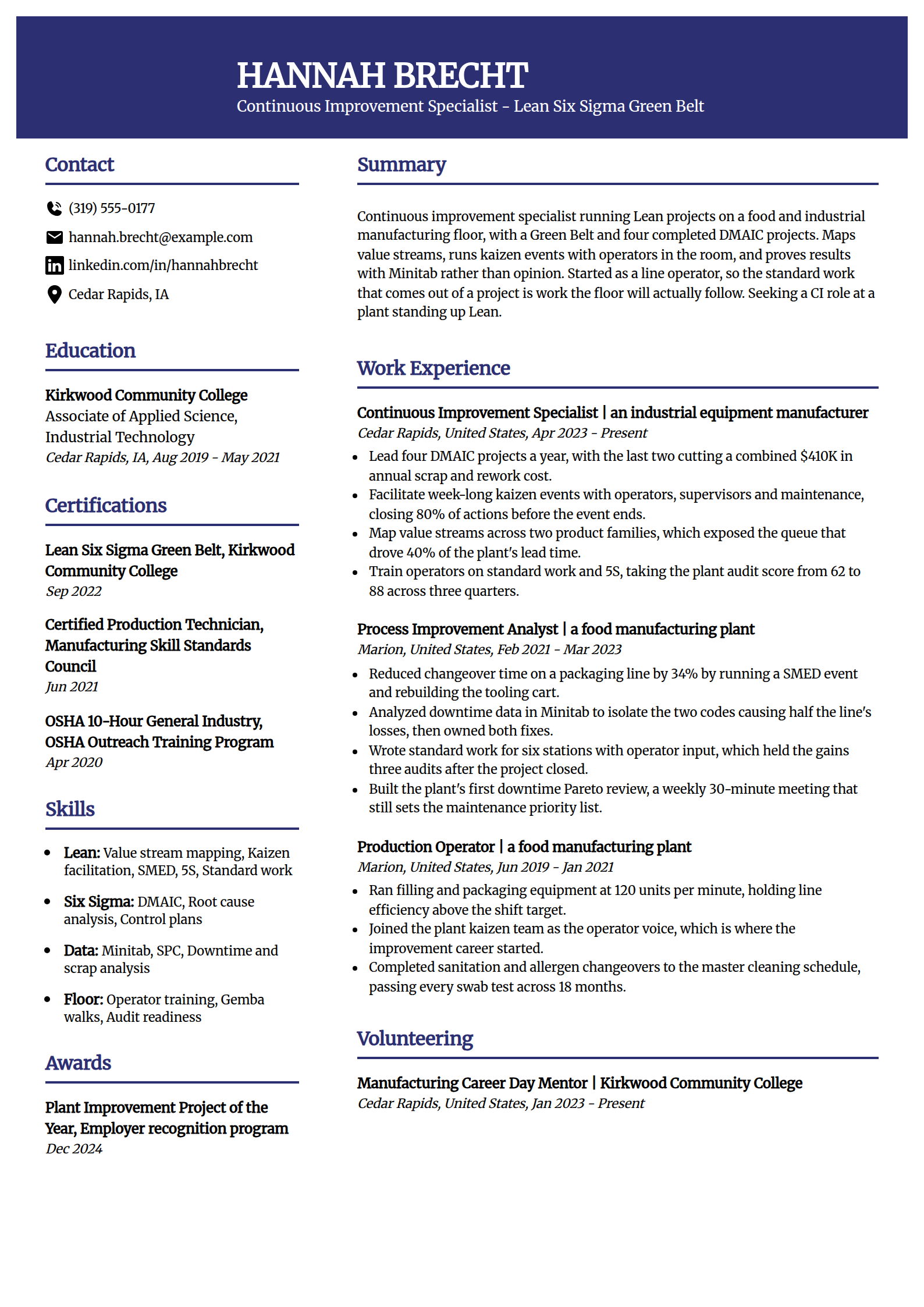 Continuous improvement specialist resume example in the Visionary template