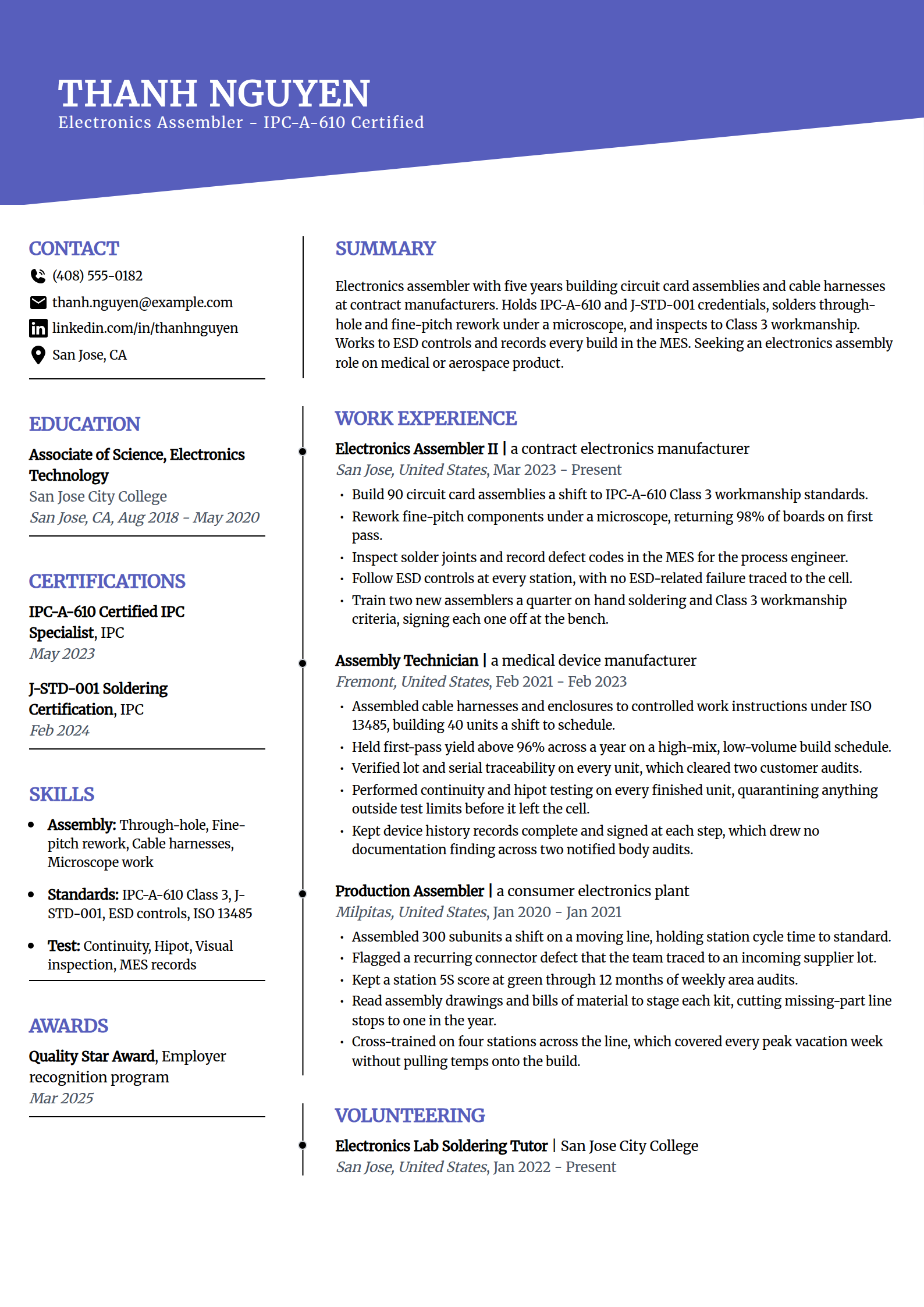 Electronics assembler resume example in the Orbit template