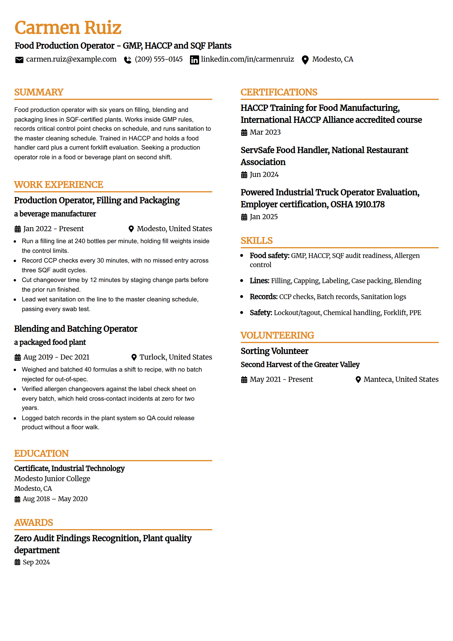 Food and beverage production operator resume example in the Professional Edge template