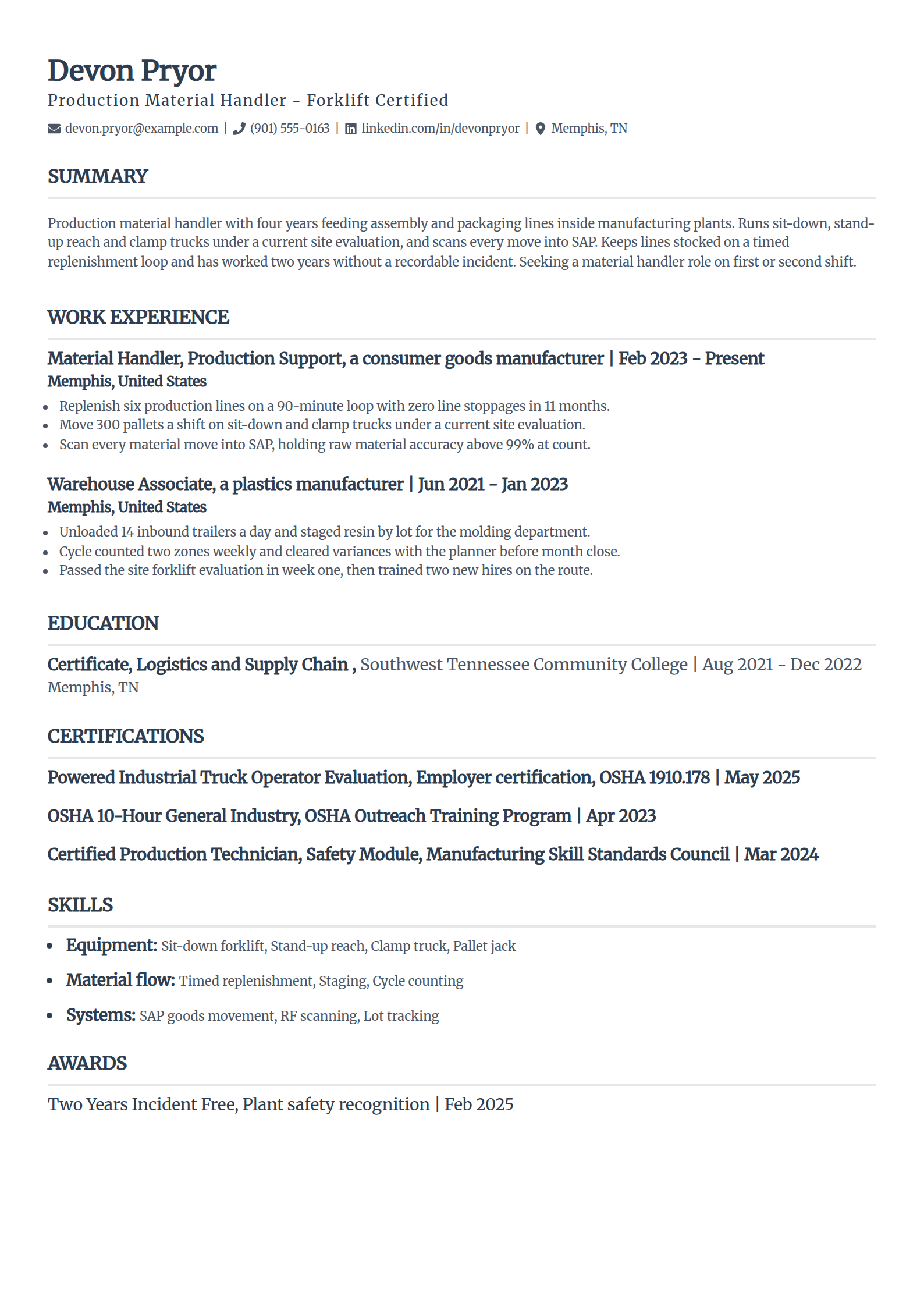 Forklift-certified production material handler resume example in the Classic template