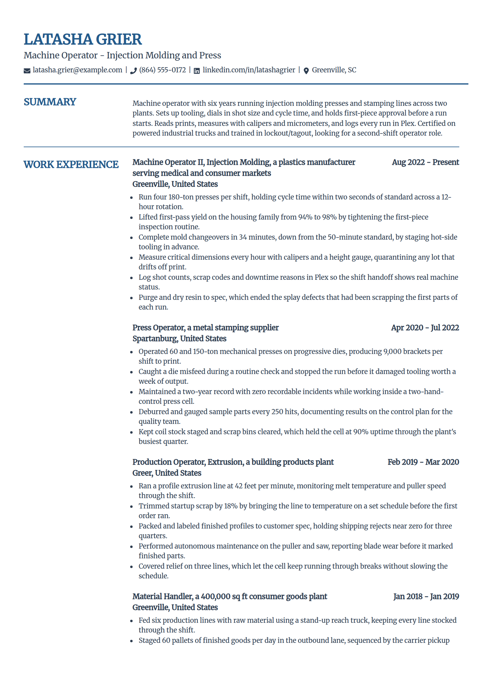 Machine operator resume example in the Craft template
