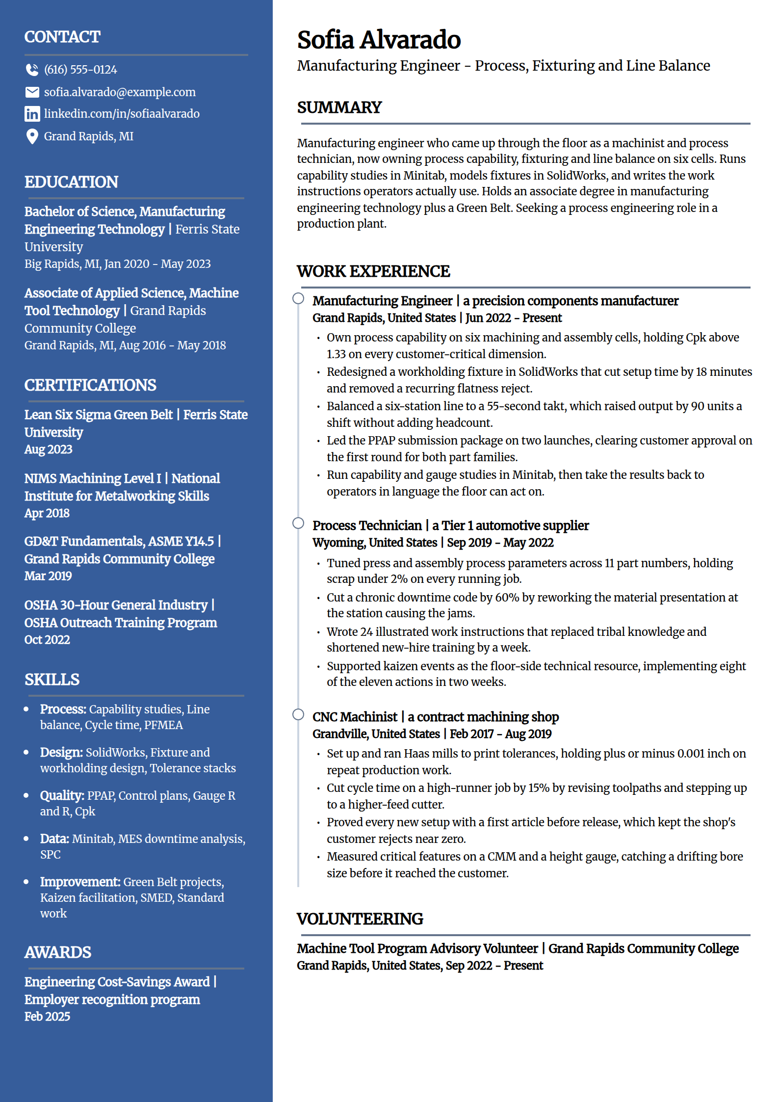 Manufacturing engineer resume example in the Creative template