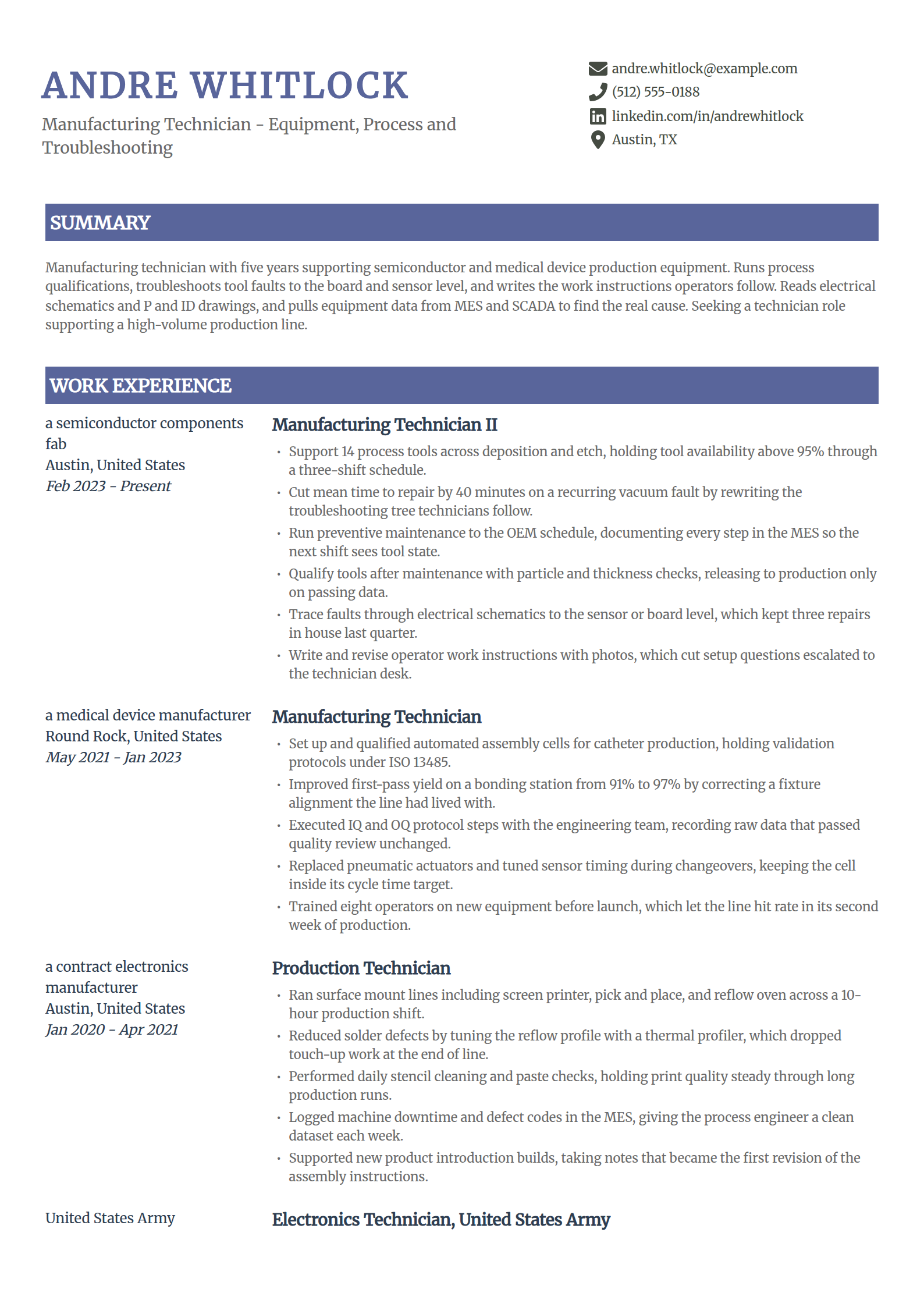 Manufacturing technician resume example in the Catalyst template