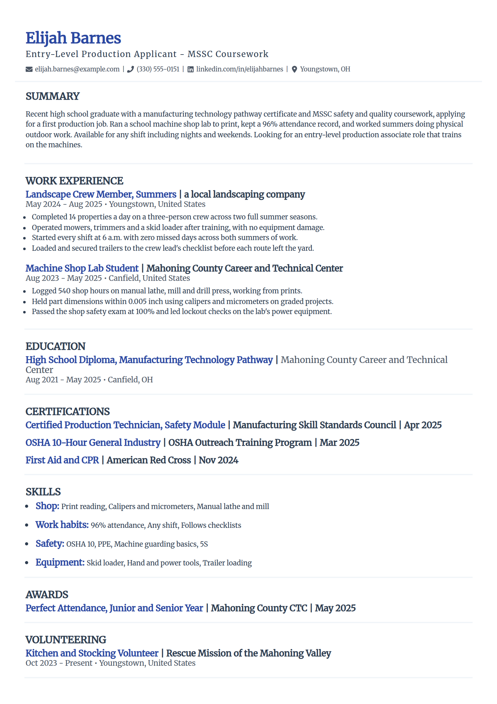 Entry-level manufacturing resume example with no experience in the Elegant template