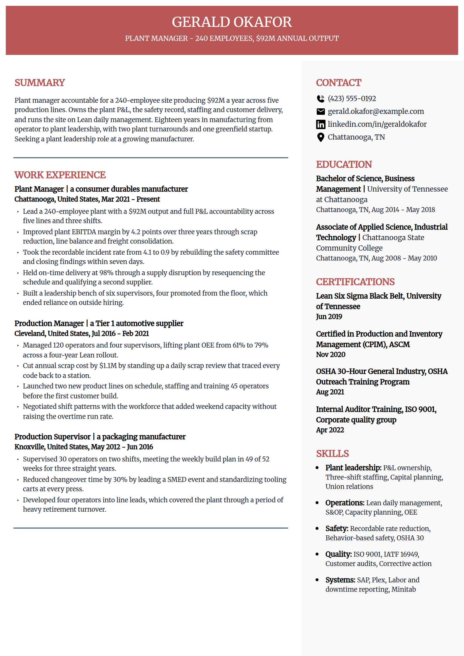 Plant manager resume example in the Executive template