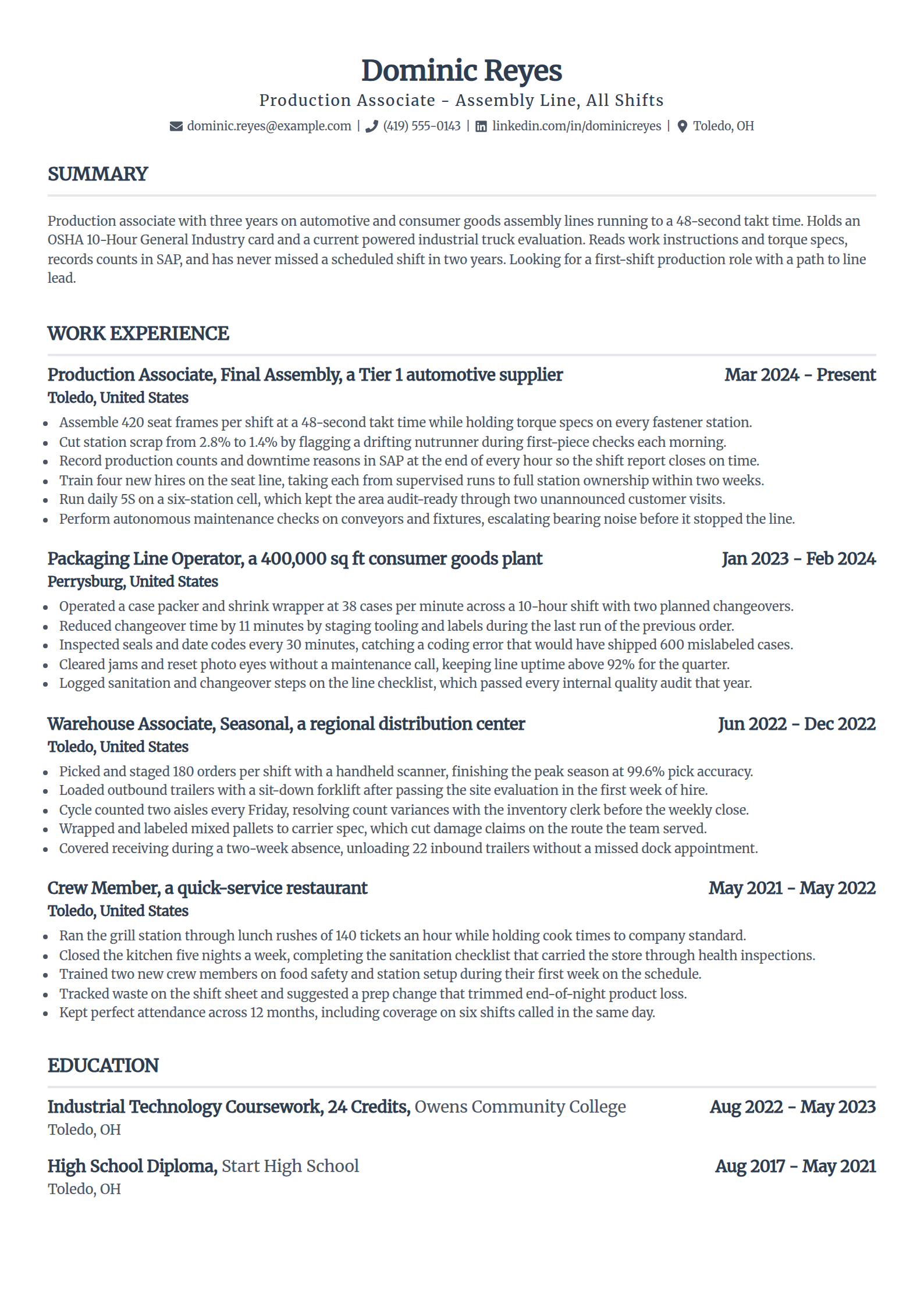 Production associate assembly line resume example in the Standard template