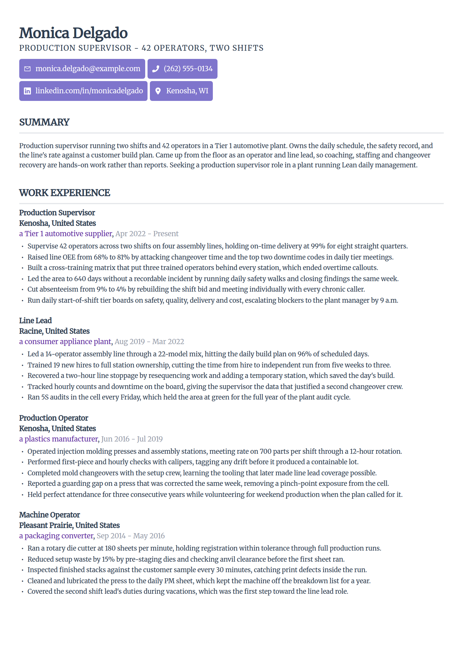 Production supervisor resume example in the Sleek Framework template