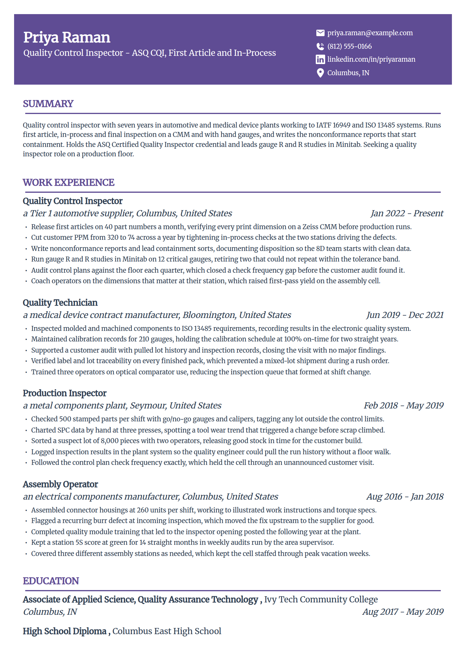 Quality control inspector resume example in the Panorama template