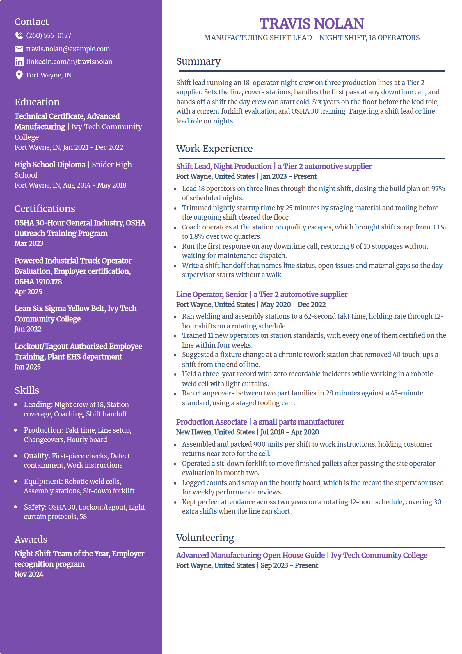 Manufacturing shift lead resume example in the Pioneer template