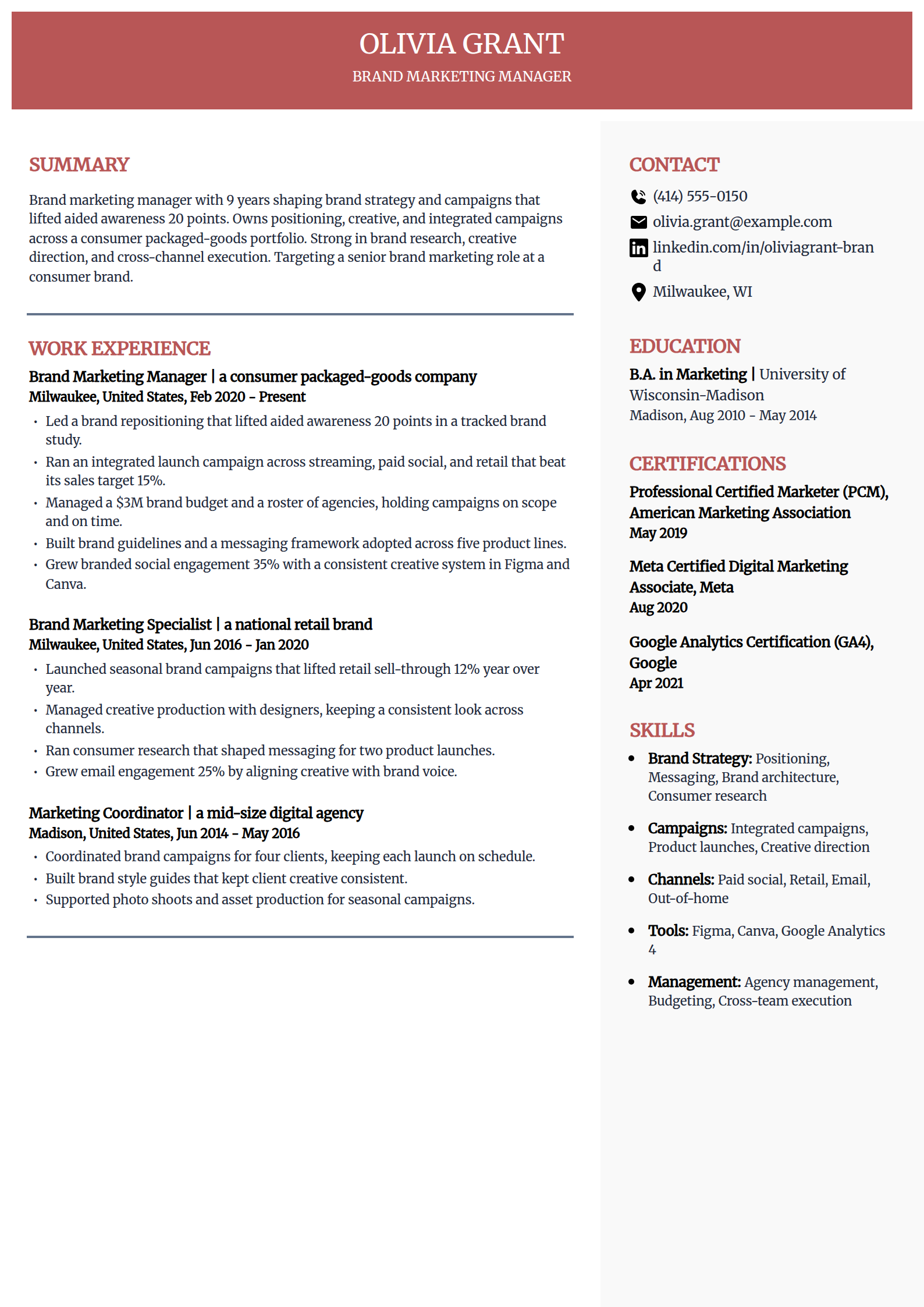 Brand Marketing Manager resume example in the Executive template