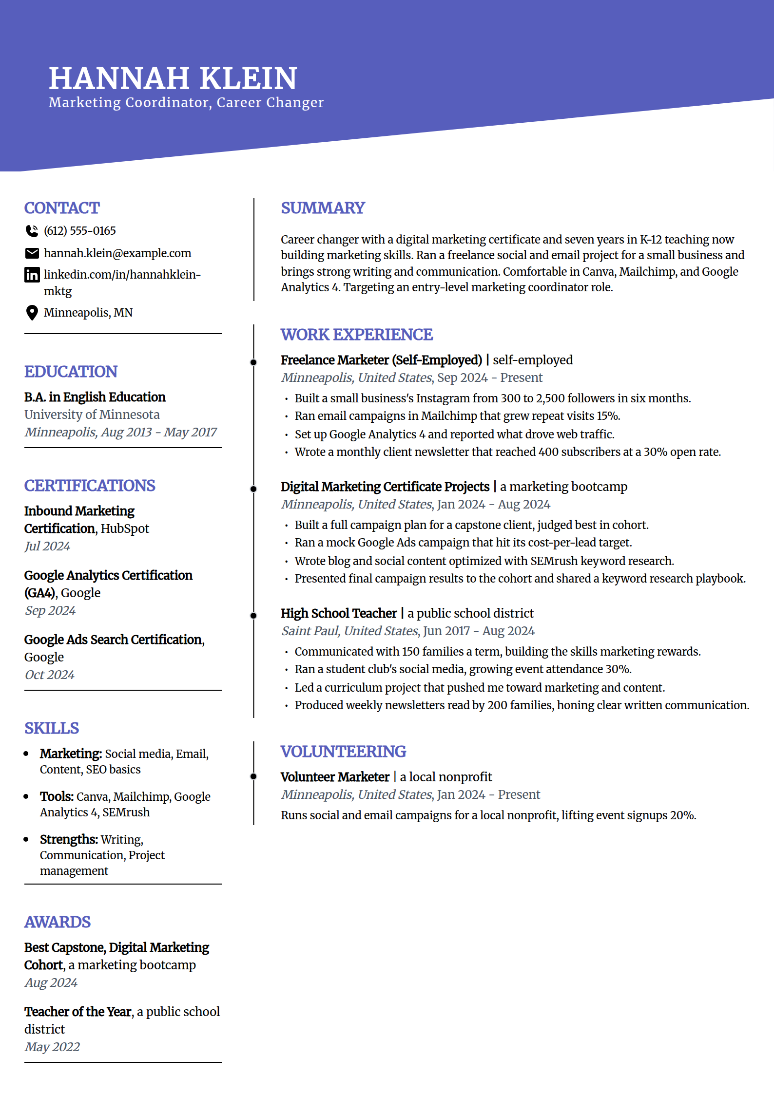 Career-change marketing resume example in the Orbit template