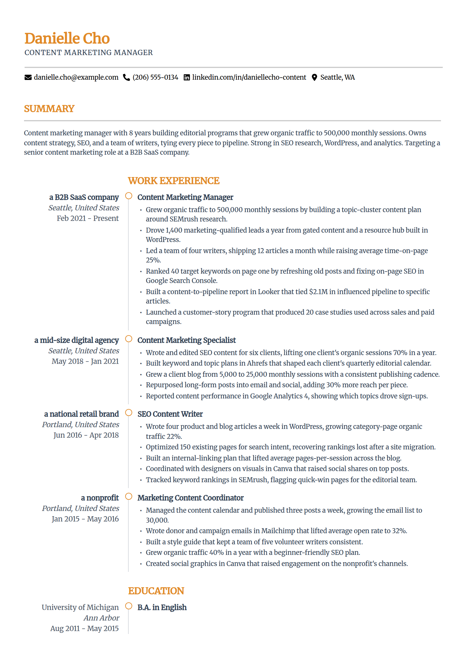 Content Marketing Manager resume example in the Zenith template