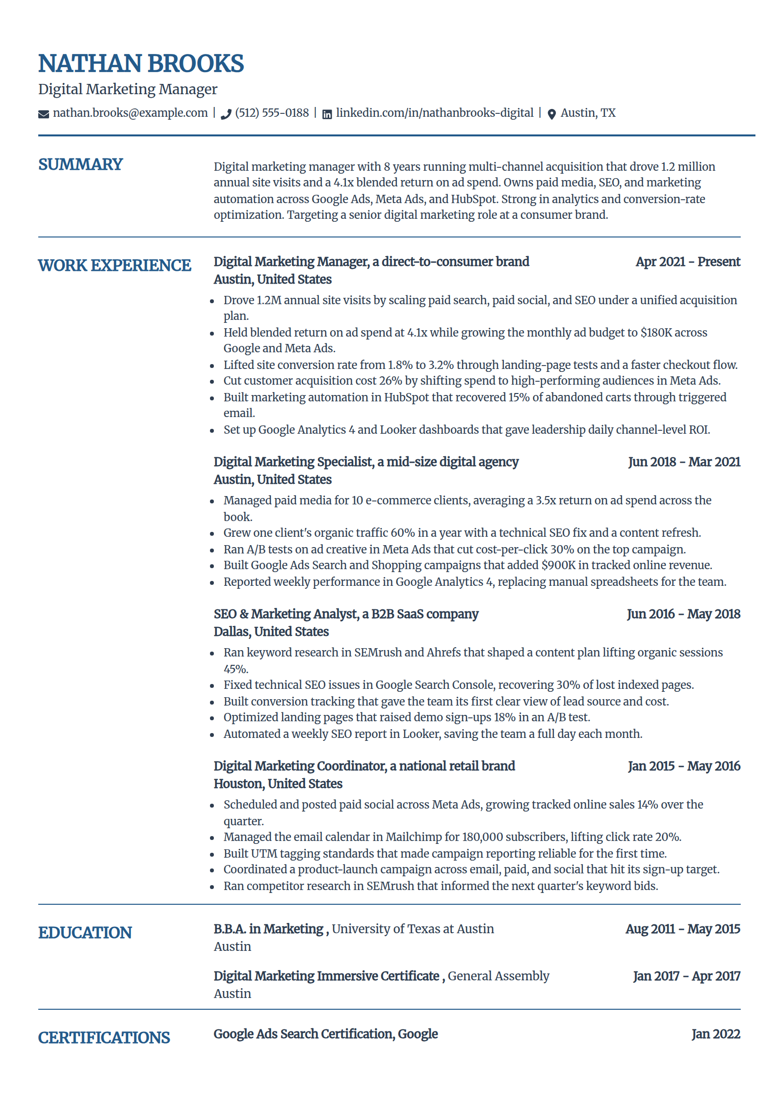 Digital Marketing Manager resume example in the Craft template