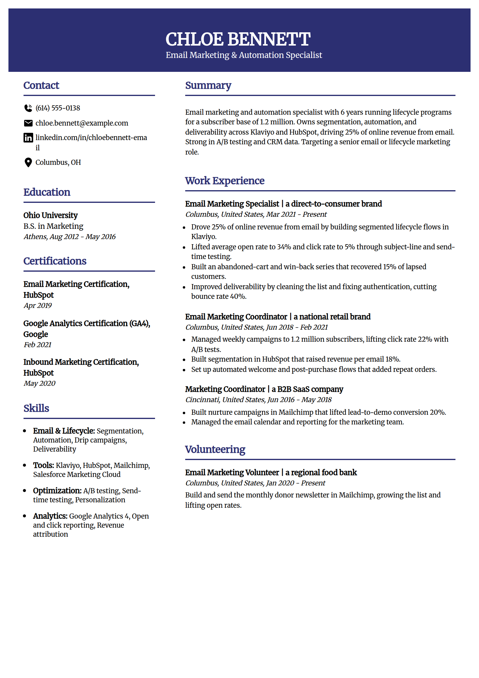 Email Marketing and Automation Specialist resume example in the Visionary template