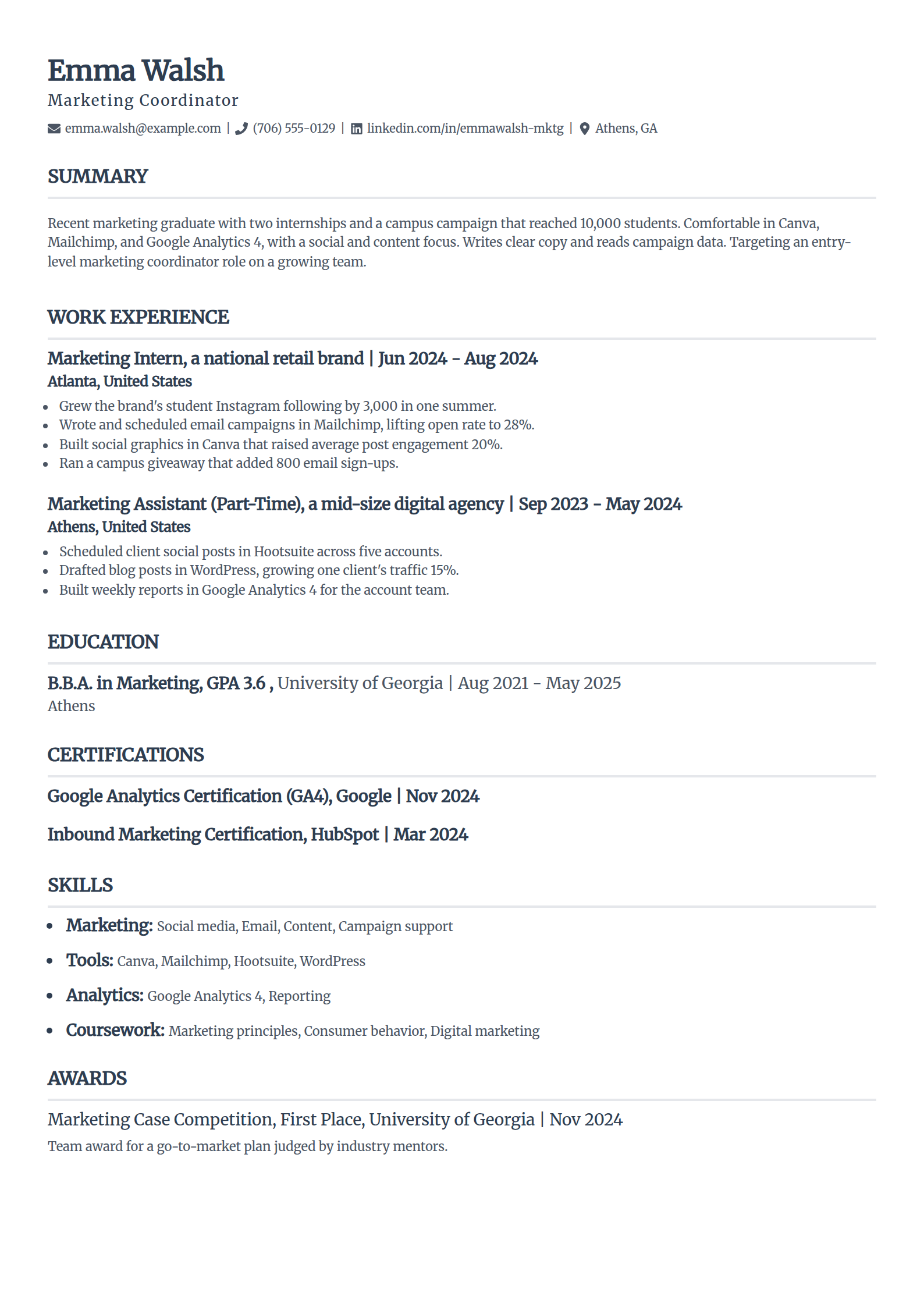 Entry-Level Marketing Coordinator resume example in the Classic template