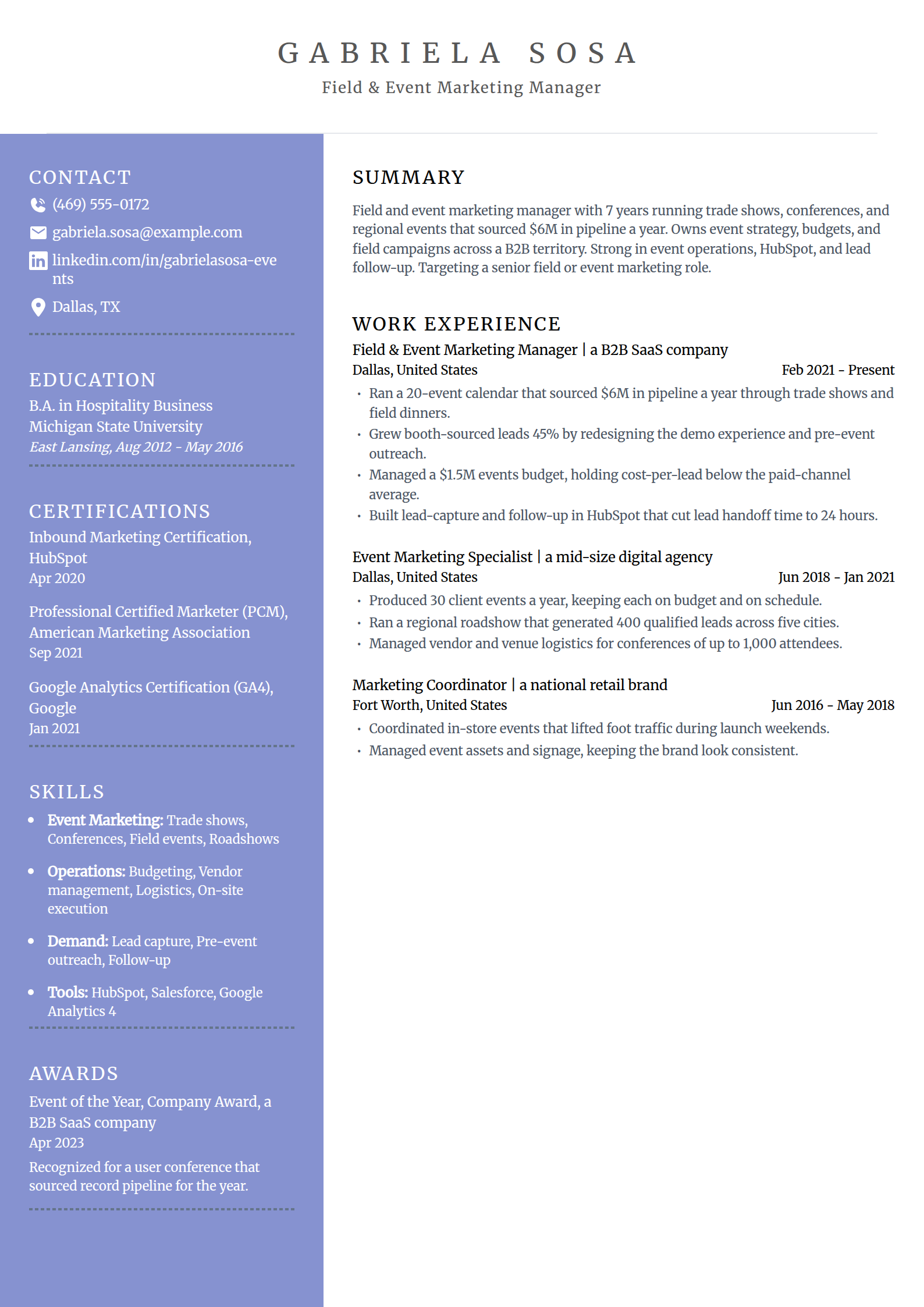 Field and Event Marketing Manager resume example in the Luminary template