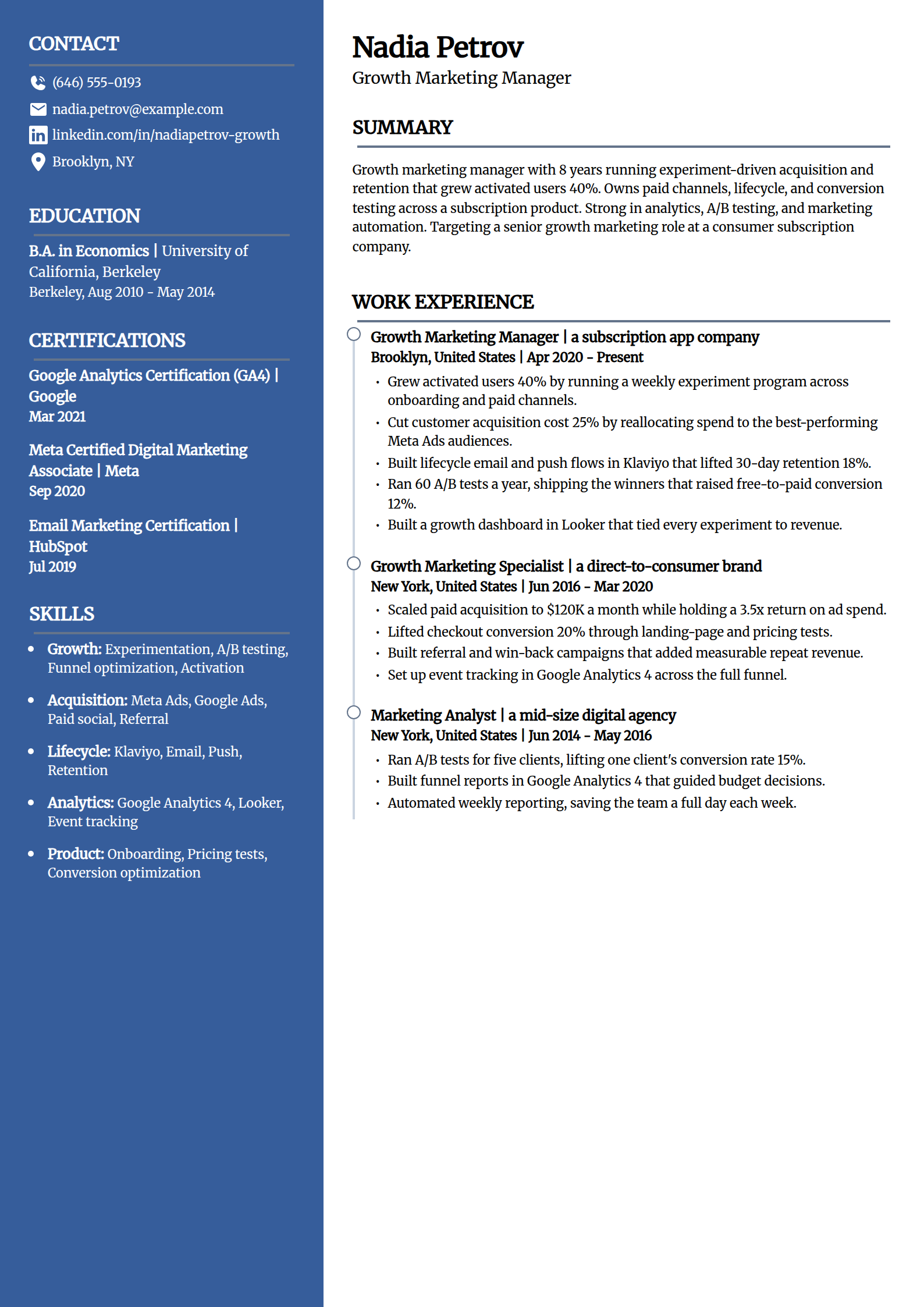 Growth Marketing Manager resume example in the Creative template
