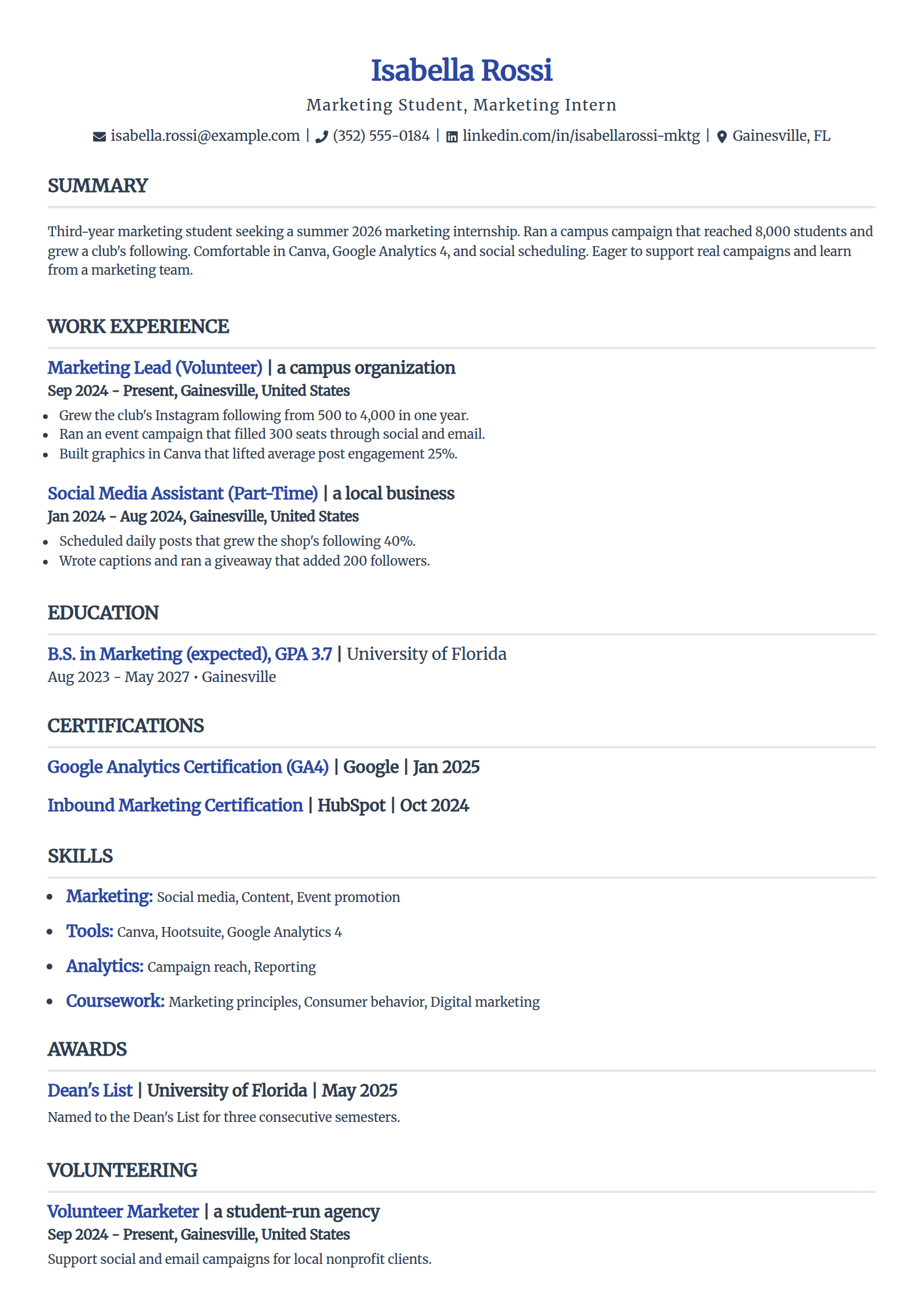 Marketing Intern resume example in the Simple template