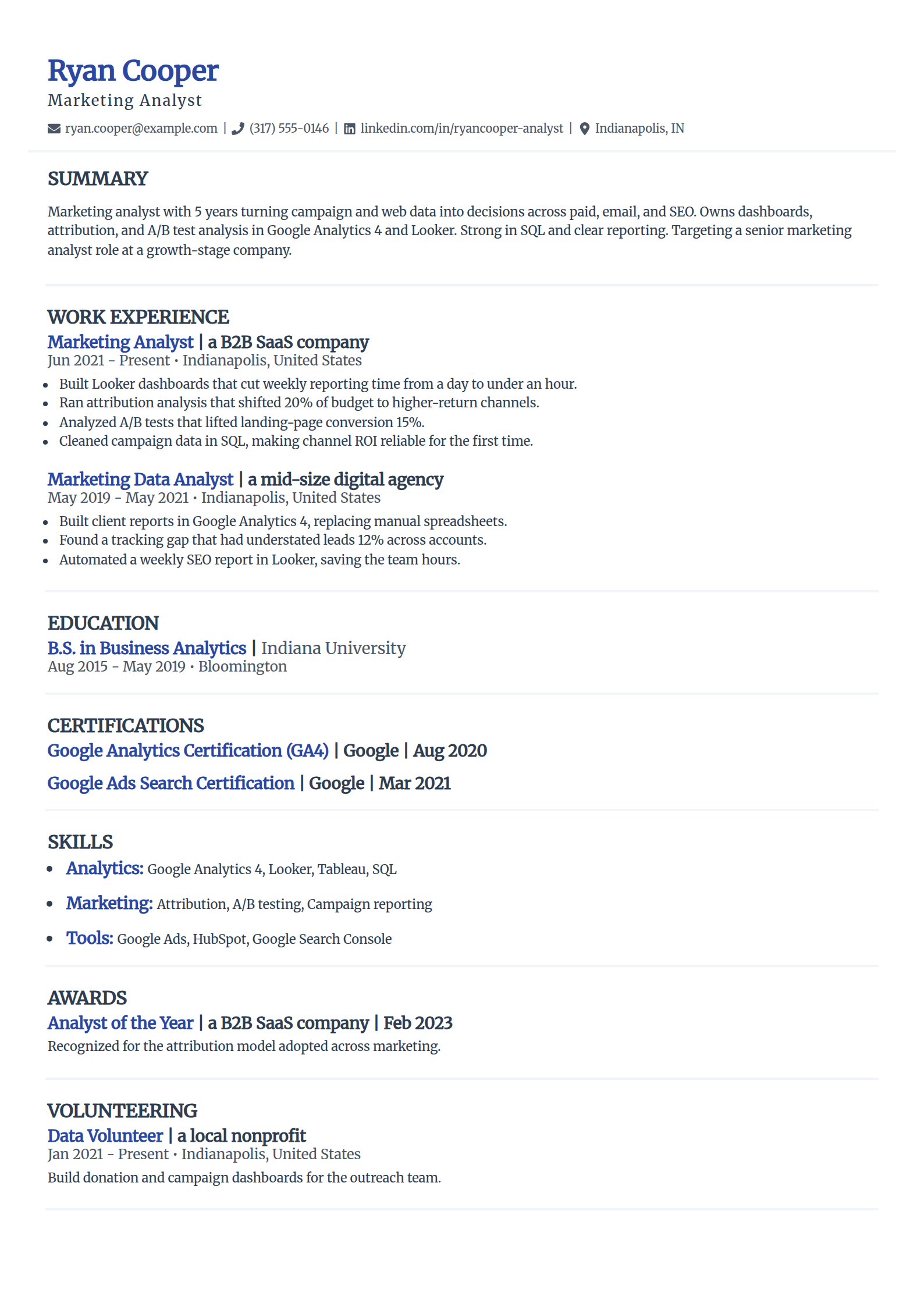 Marketing Analyst resume example in the Elegant template