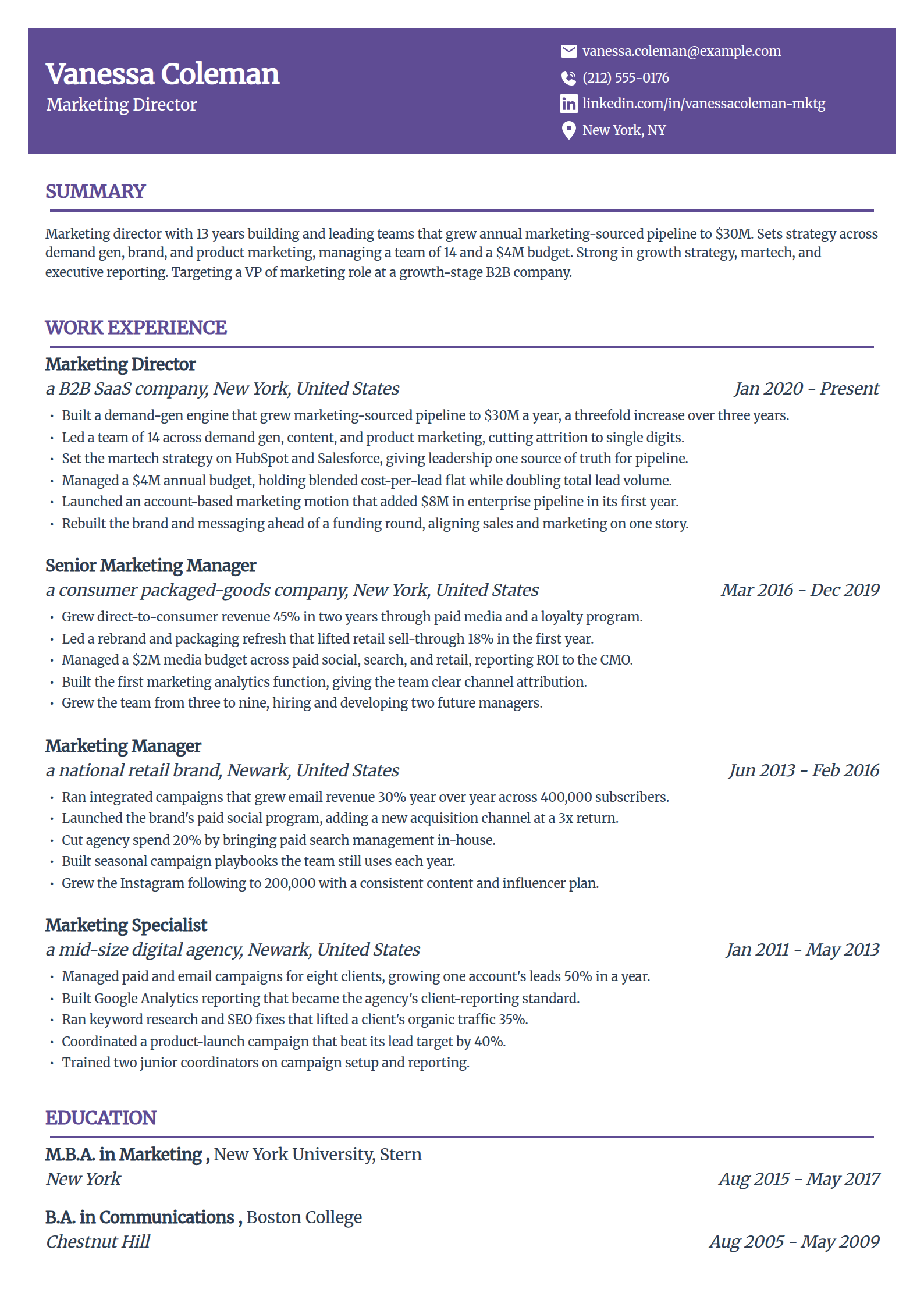 Marketing Director resume example in the Panorama template