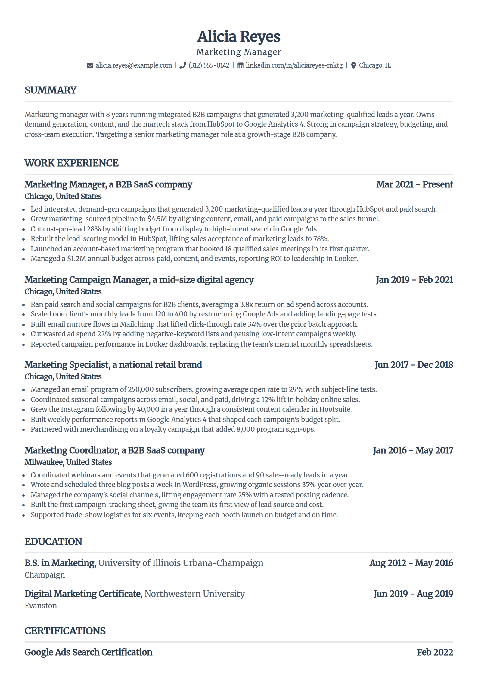 Marketing Manager resume example in the Standard template