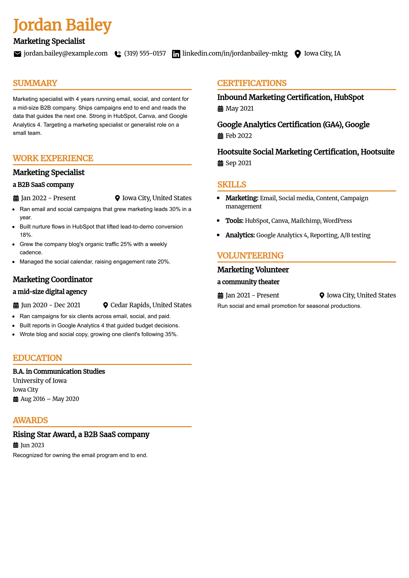 Marketing Specialist resume example in the Professional Edge template
