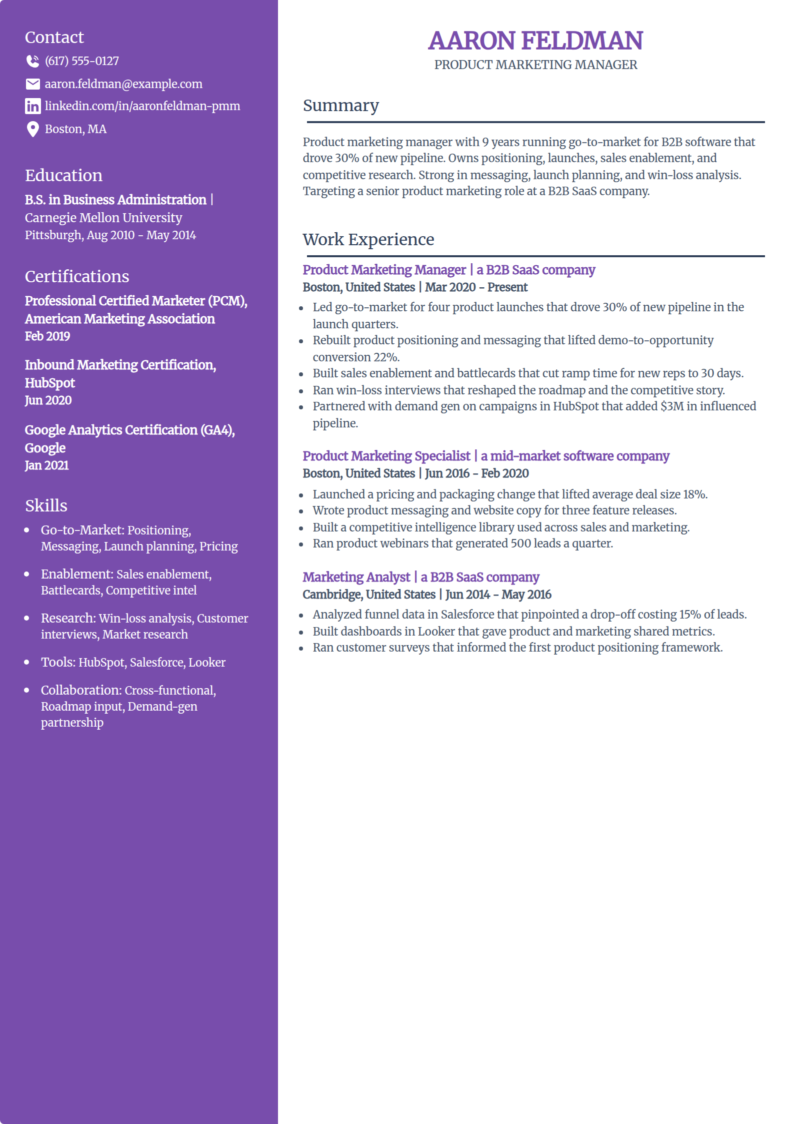 Product Marketing Manager resume example in the Pioneer template