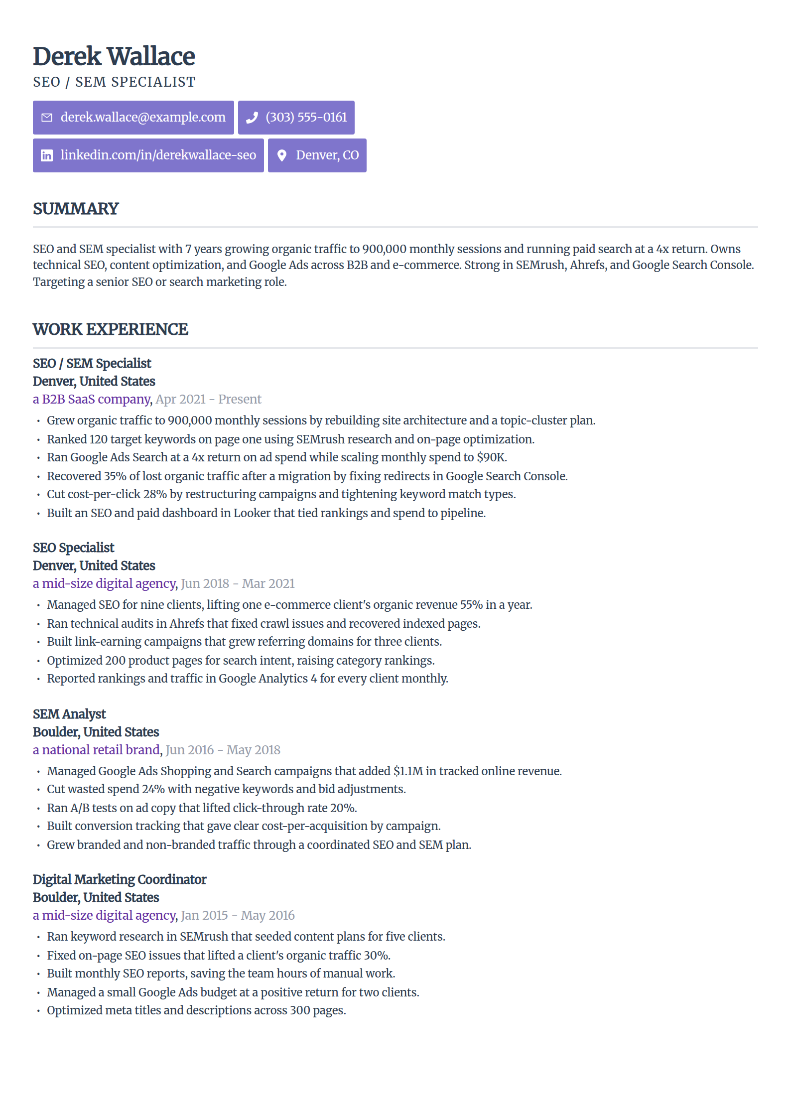 SEO and SEM specialist resume example in the Sleek Framework template