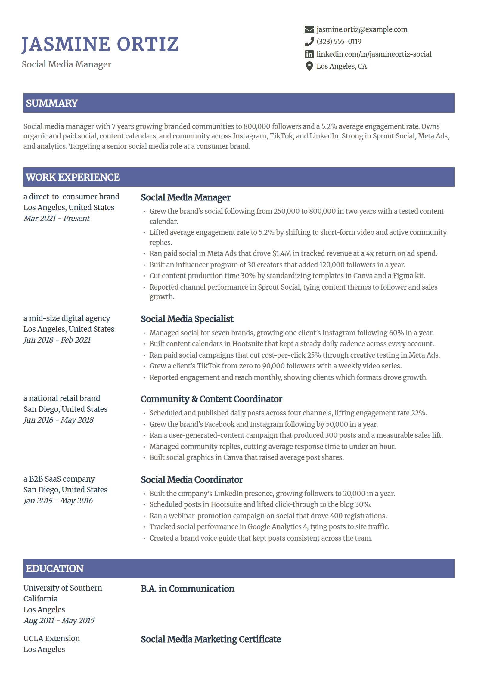 Social Media Manager resume example in the Catalyst template