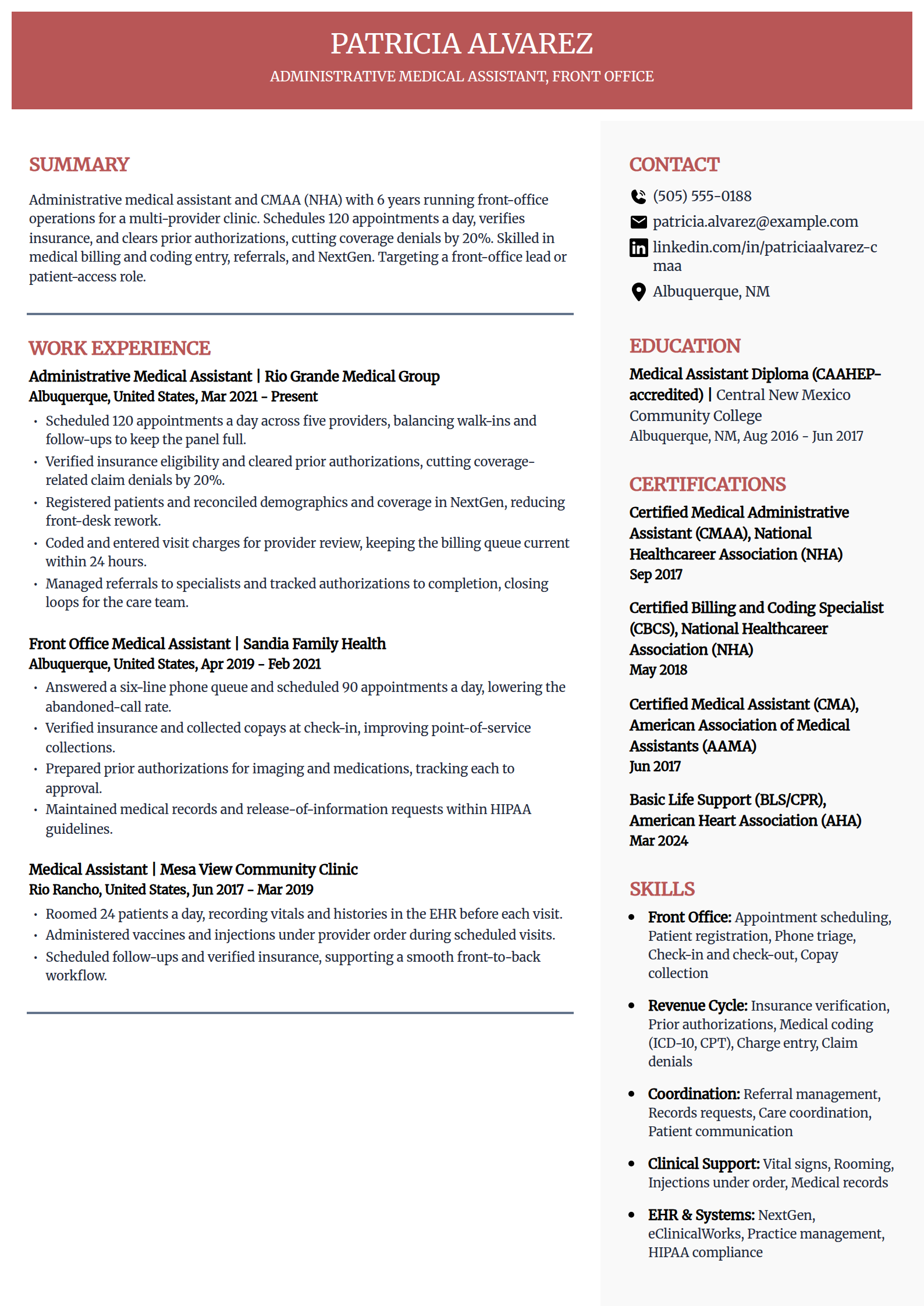 Administrative and front-office medical assistant resume example in the Executive template