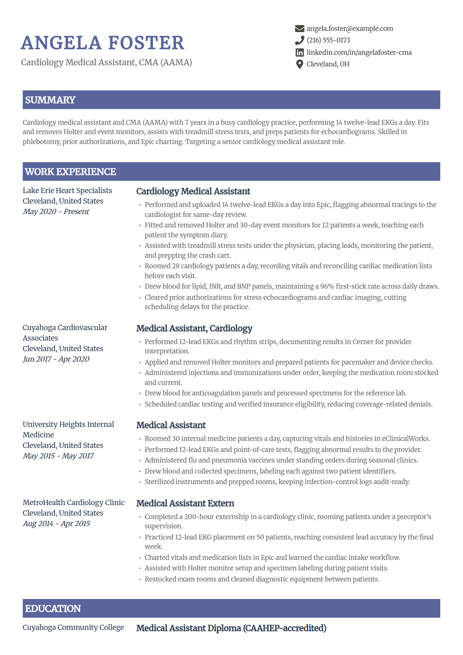 Cardiology medical assistant resume example in the Catalyst template